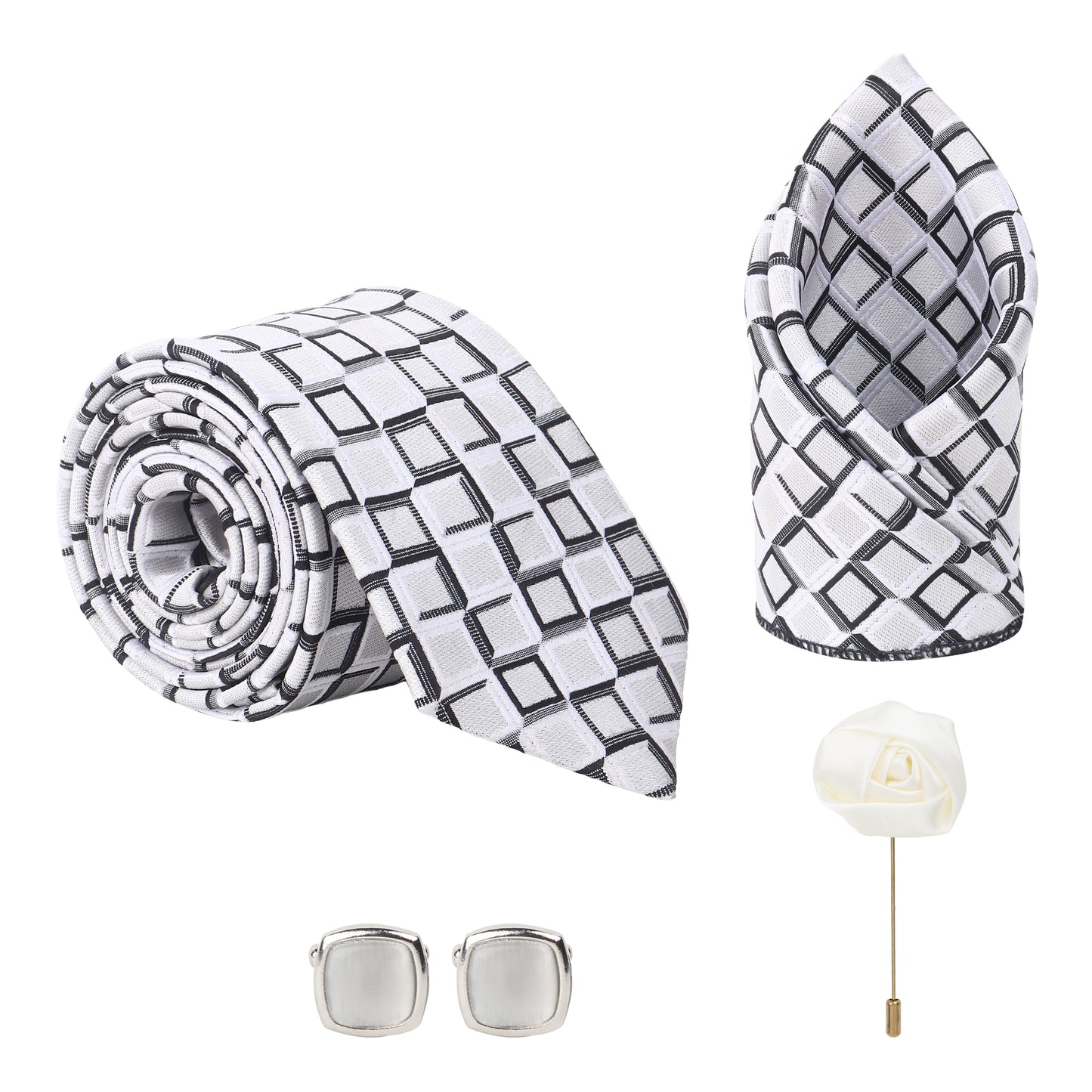 Kanthlangot white and black checkered tie set with silver cufflinks, pocket square, and white lapel pin. Premium men’s gift box for formal occasions.