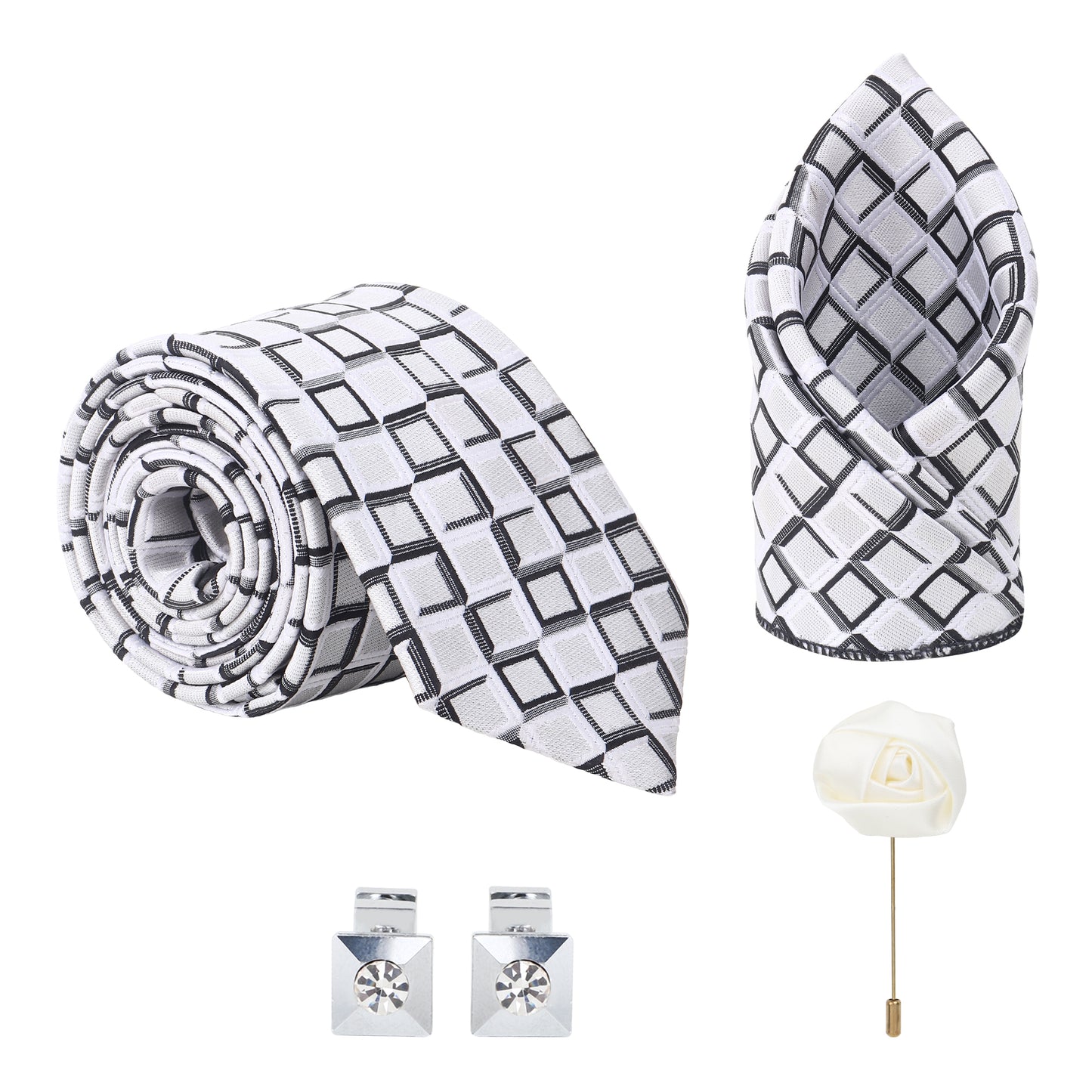 Kanthlangot White Grid Pattern Necktie Gift Set – Tie, Pocket Square, Cufflinks & Lapel Pin