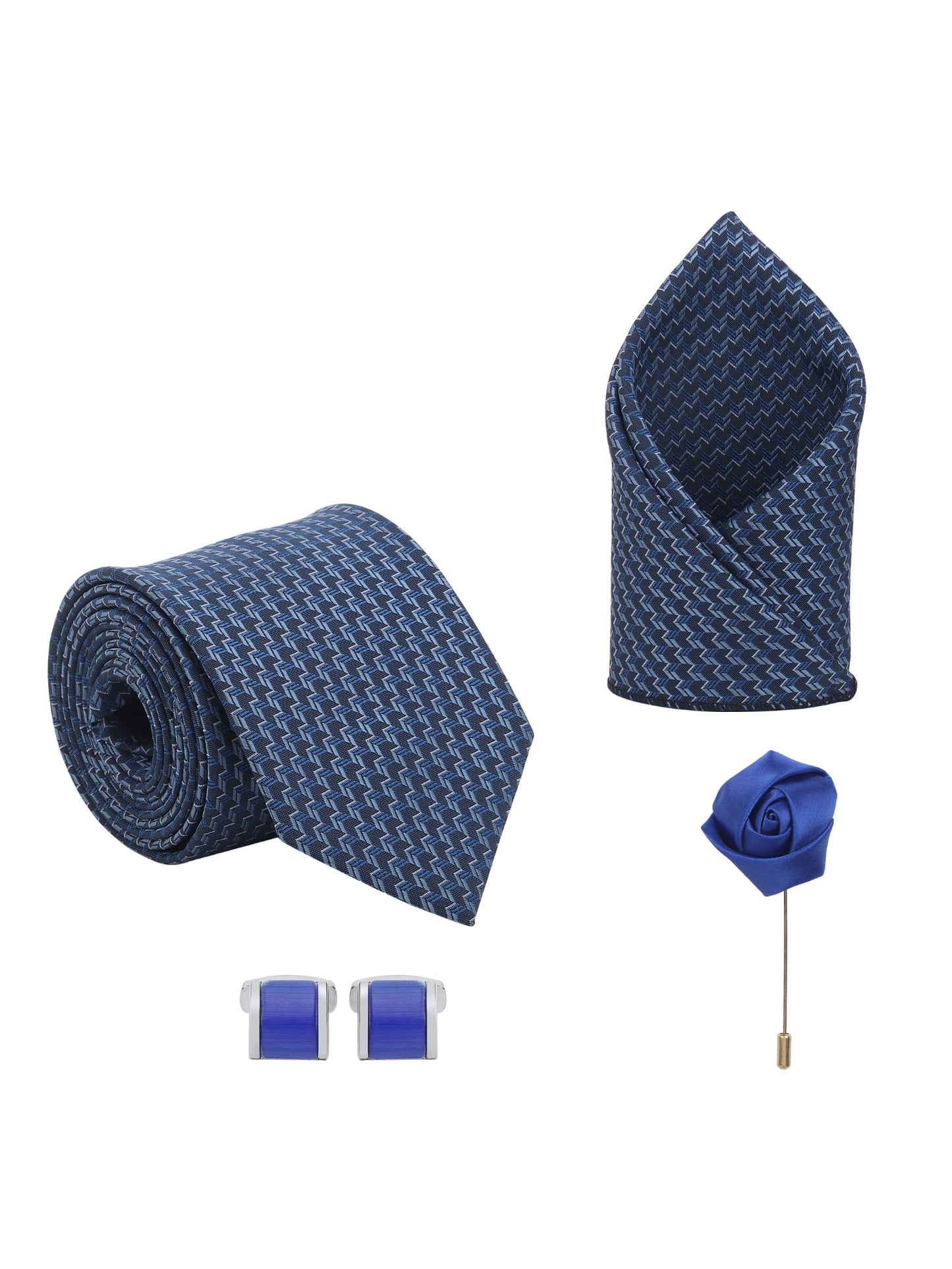 Kanthlangot Navy Zigzag Necktie Gift Set with Pocket Square, Dark Blue Cufflinks & Lapel Pin