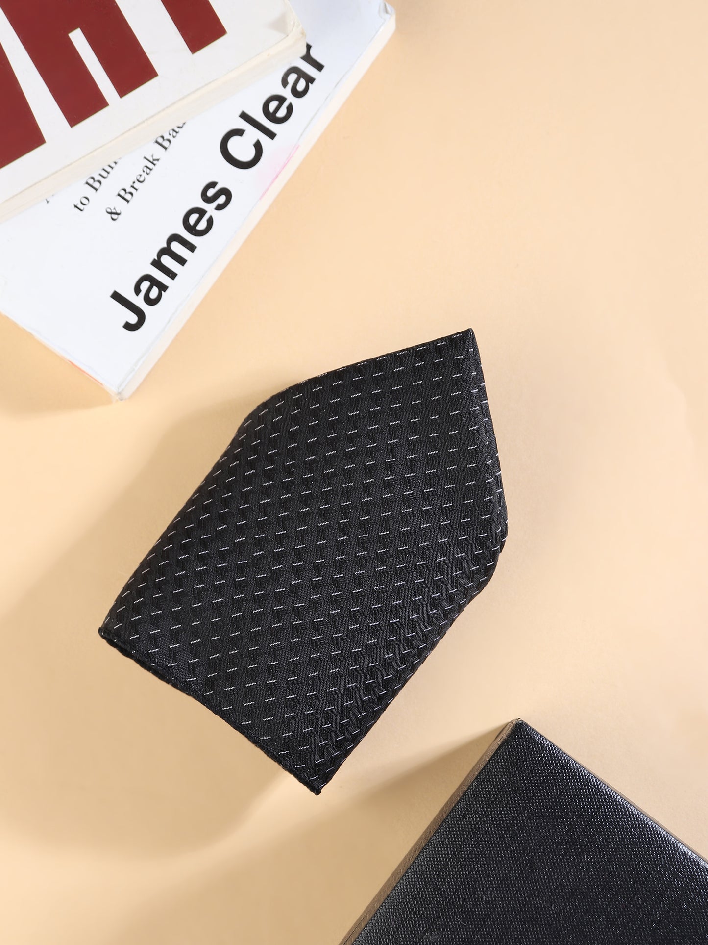 Kanthlangot Men’s 3-Piece Formal Set – Black Micro-Dash Tie, Pocket Square & Crystal Pyramid Cufflinks (3-Inch Necktie)