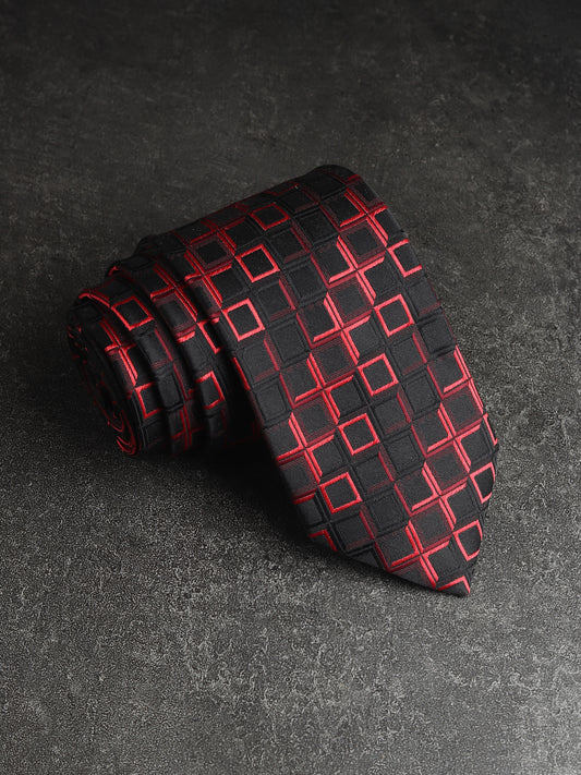 Kanthlangot Modern Woven Necktie – Black & Red Square Pattern