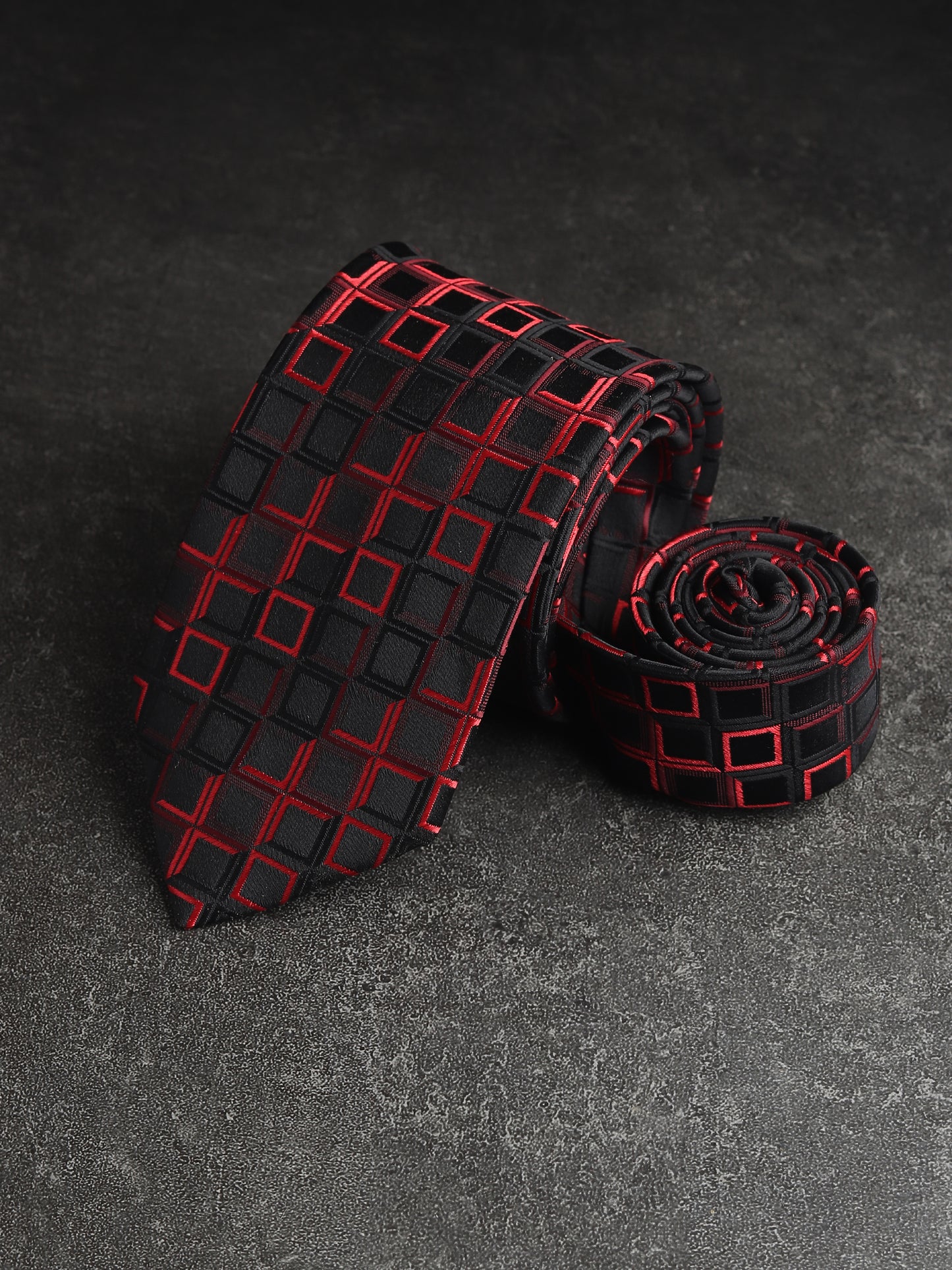 Kanthlangot Modern Woven Necktie – Black & Red Square Pattern
