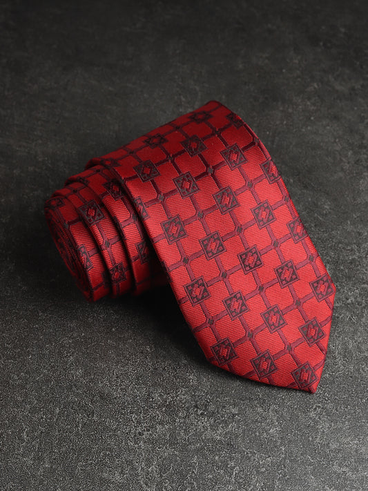 Kanthlangot Luxury Woven Necktie – Red & Black Square Pattern