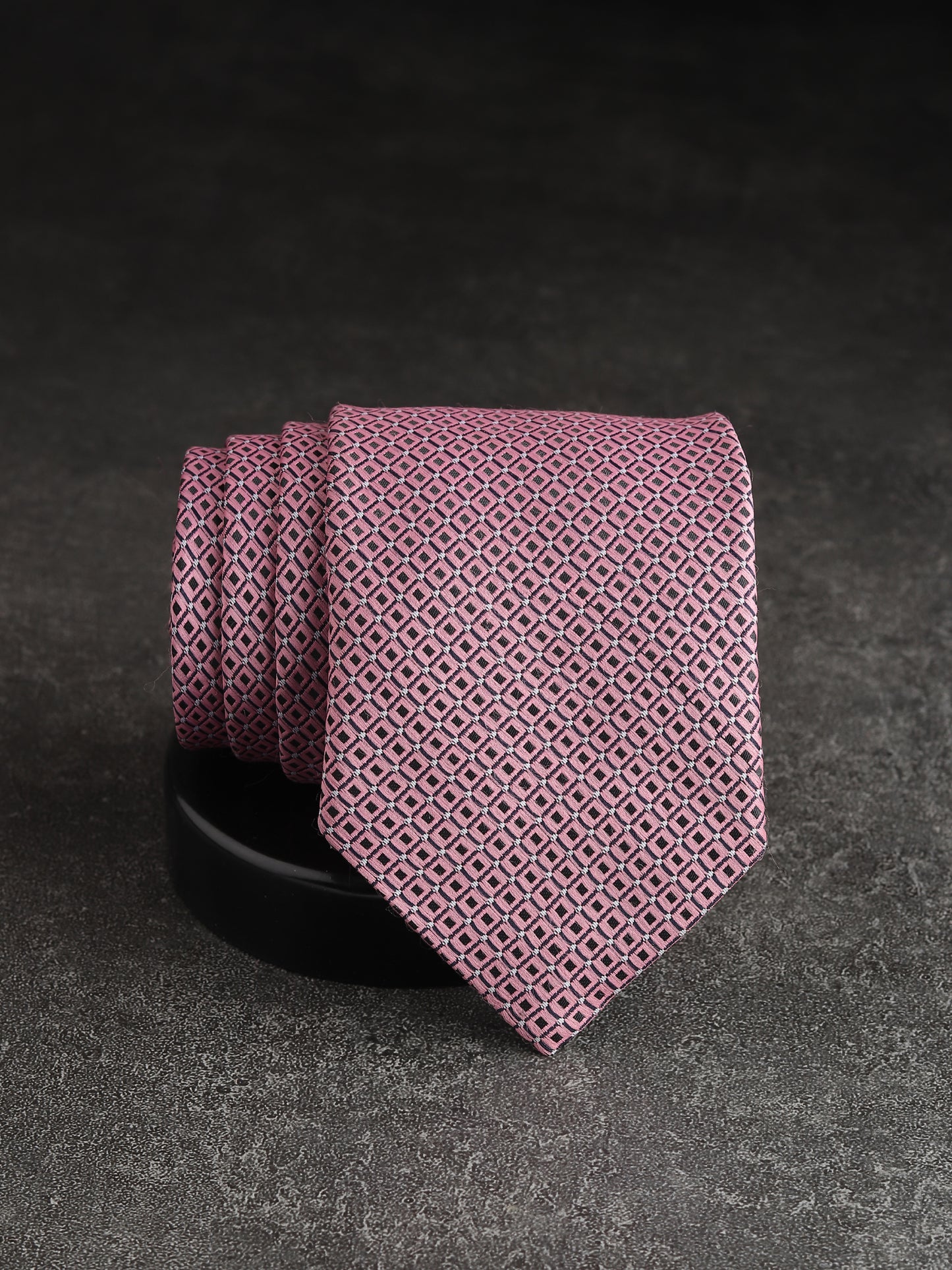 Kanthlangot Pink & Black Diamond Pattern Microfibre Necktie