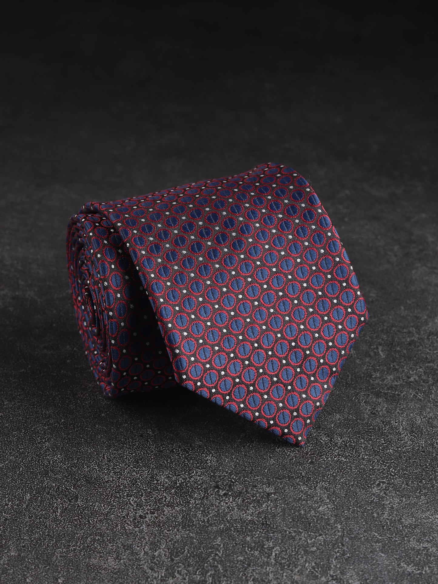 Kanthlangot Navy Blue & Red Circular Pattern Woven Necktie