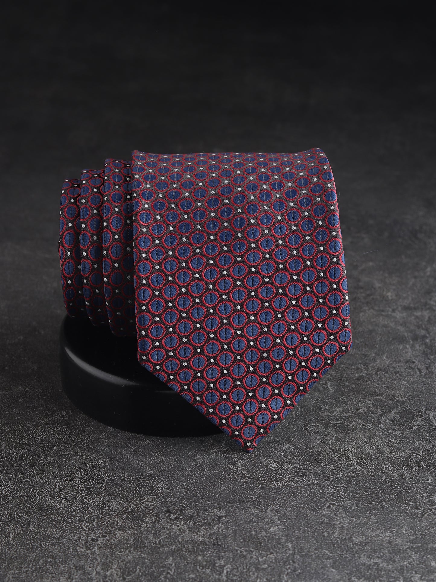 Kanthlangot Navy Blue & Red Circular Pattern Woven Necktie