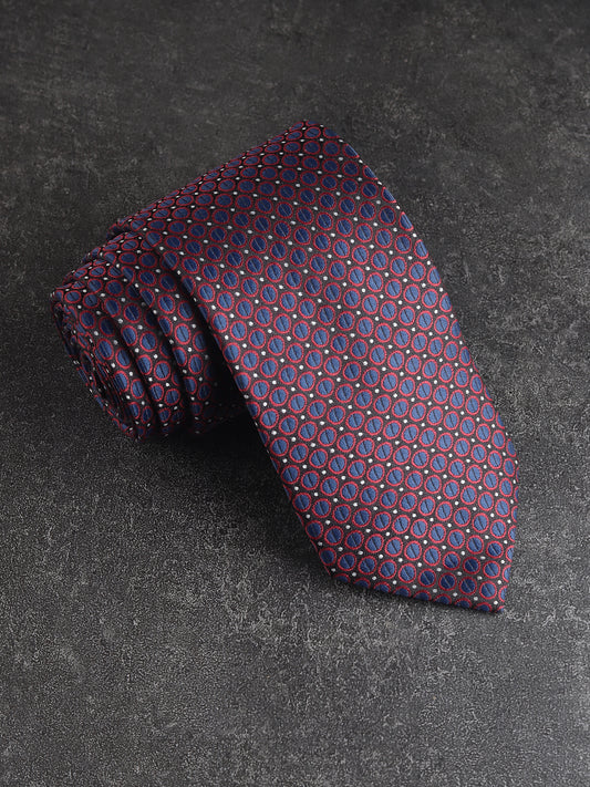 Kanthlangot Navy Blue & Red Circular Pattern Woven Necktie