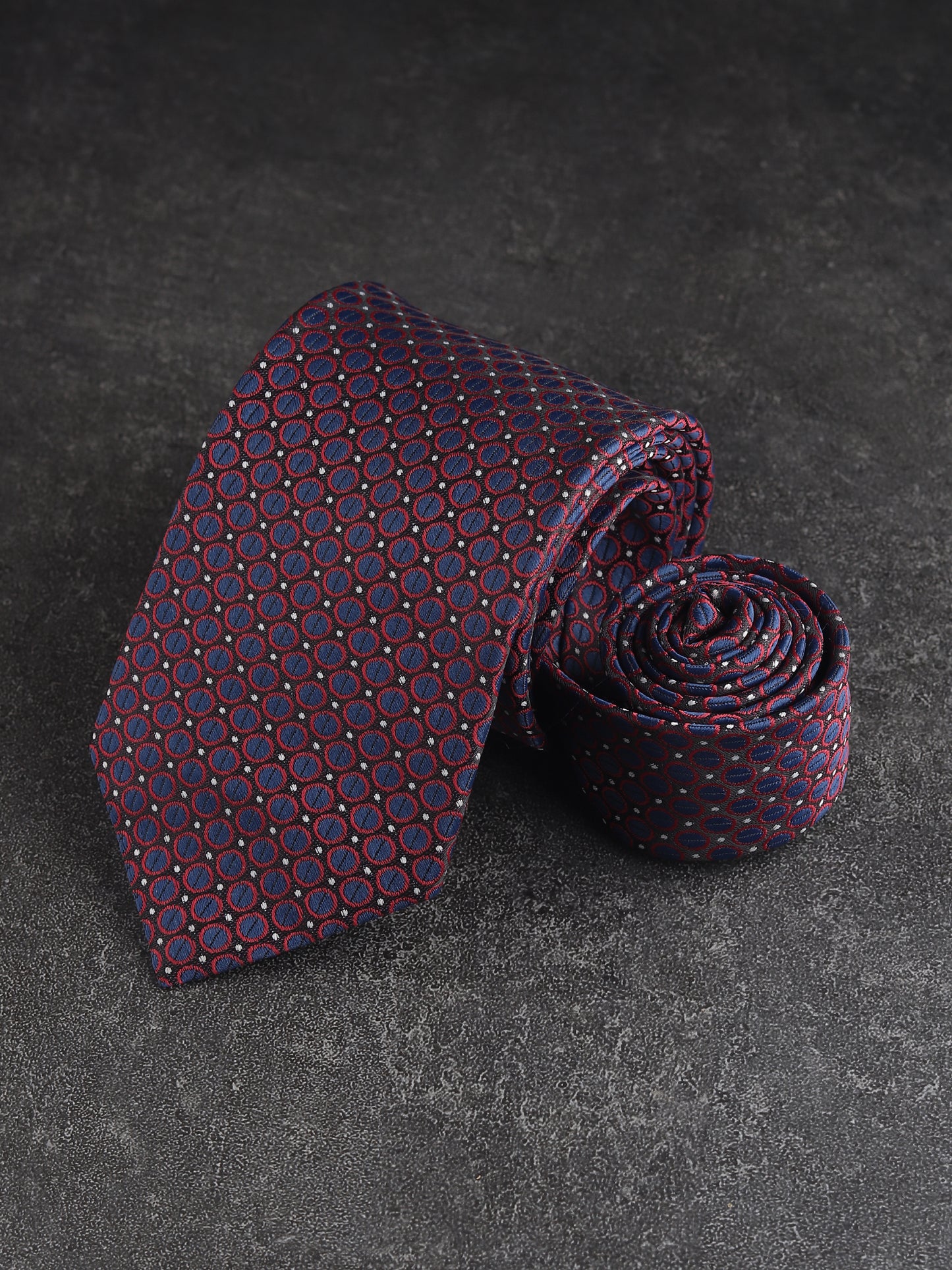 Kanthlangot Navy Blue & Red Circular Pattern Woven Necktie