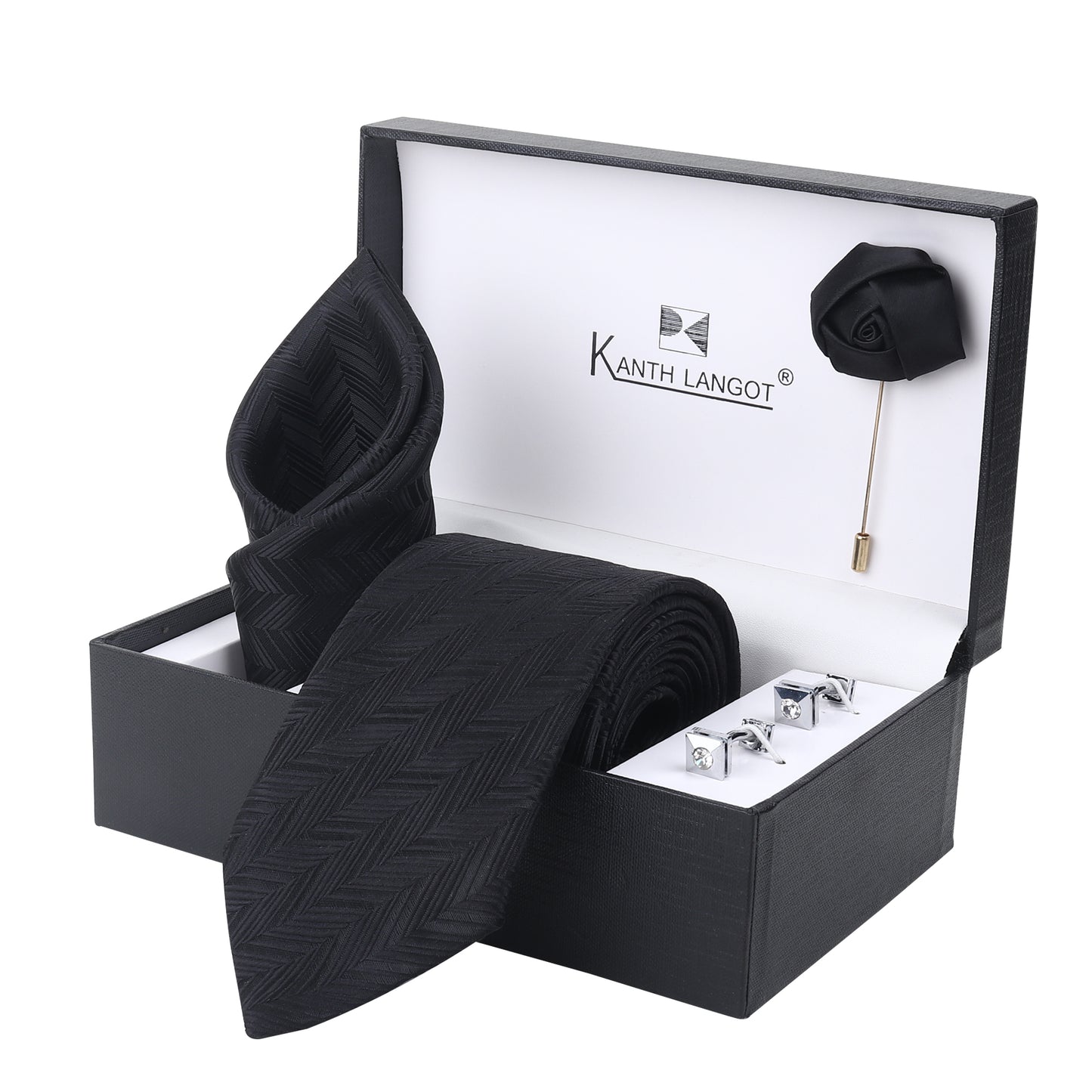 Kanthlangot Men’s Set of 4: Black Chevron Tie, Pocket Square, Crystal Cufflinks & Lapel Pin in Premium Gift Box