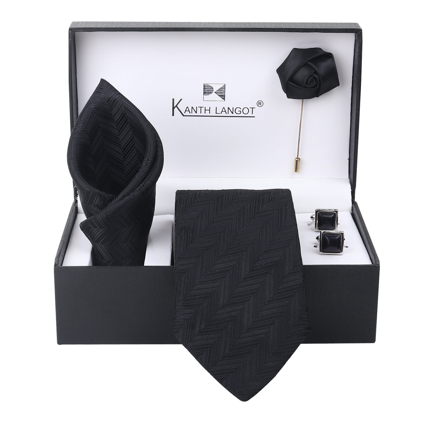 Kanthlangot Set of 4 for Men: Premium Black Chevron Tie, Pocket Square, Square Cufflinks & Lapel Pin in Gift Box