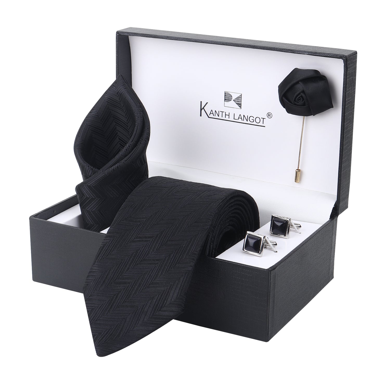 Kanthlangot Set of 4 for Men: Premium Black Chevron Tie, Pocket Square, Square Cufflinks & Lapel Pin in Gift Box