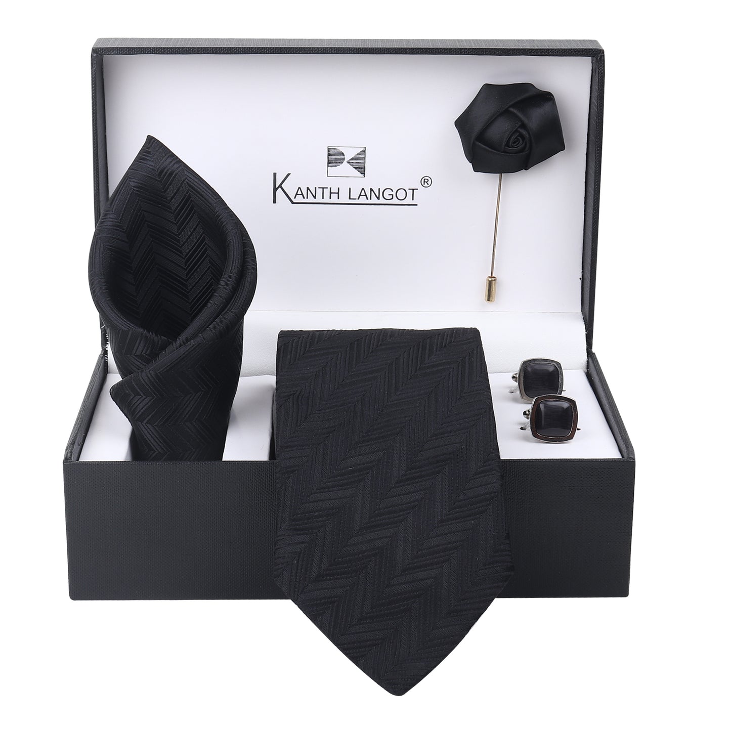Kanthlangot Set of 4: Black Chevron Necktie, Pocket Square, Glossy Cufflinks & Lapel Pin in Gift Box