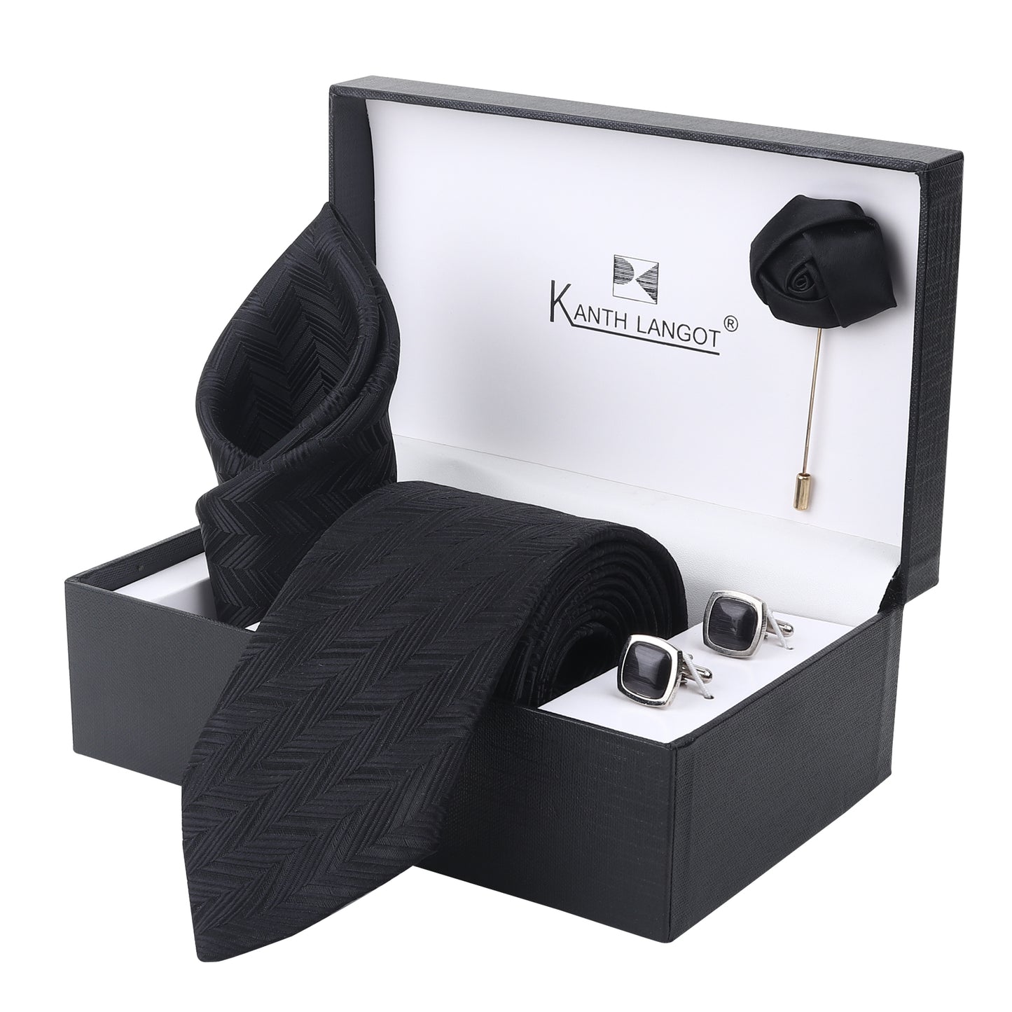 Kanthlangot Set of 4: Black Chevron Necktie, Pocket Square, Glossy Cufflinks & Lapel Pin in Gift Box