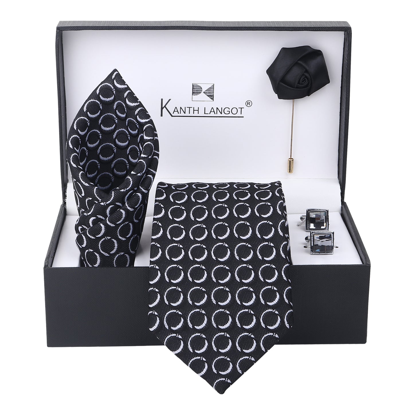 Kanthlangot Set of 4: Black Textured Necktie, Pocket Square, Crystal Cufflinks & Black Lapel Pin in Premium Gift Box