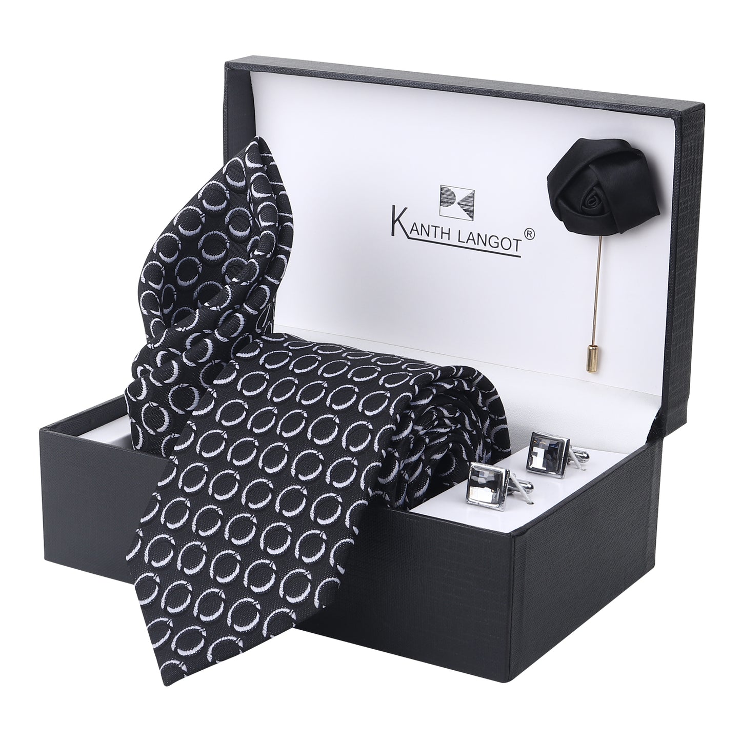 Kanthlangot Set of 4: Black Textured Necktie, Pocket Square, Crystal Cufflinks & Black Lapel Pin in Premium Gift Box