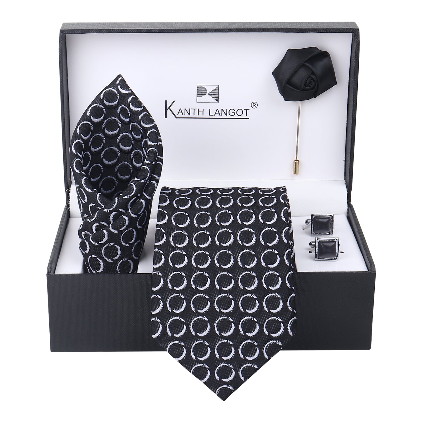 Kanthlangot Set of 4: Black Circular Pattern Tie, Pocket Square, Black Stone Cufflinks & Lapel Pin in Premium Gift Box