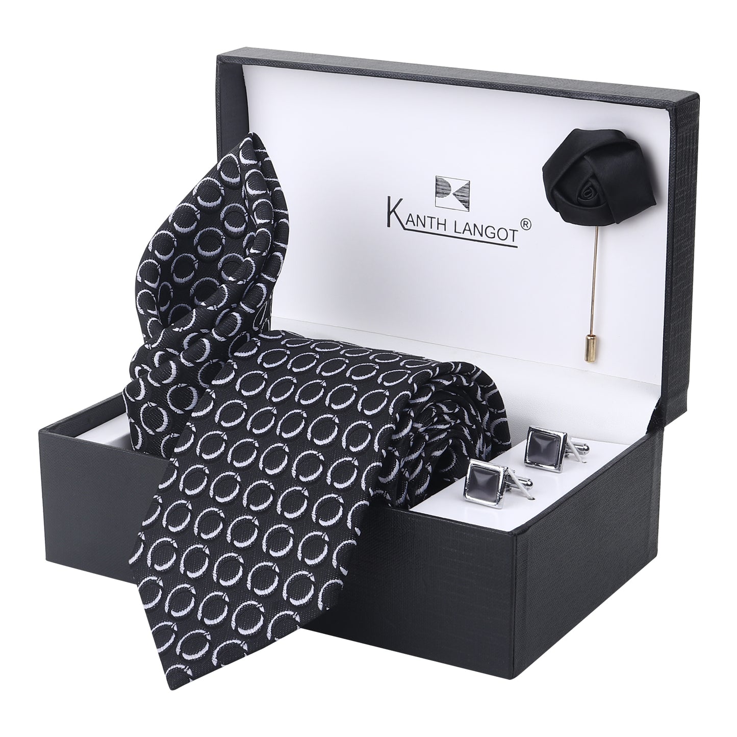 Kanthlangot Set of 4: Black Circular Pattern Tie, Pocket Square, Black Stone Cufflinks & Lapel Pin in Premium Gift Box