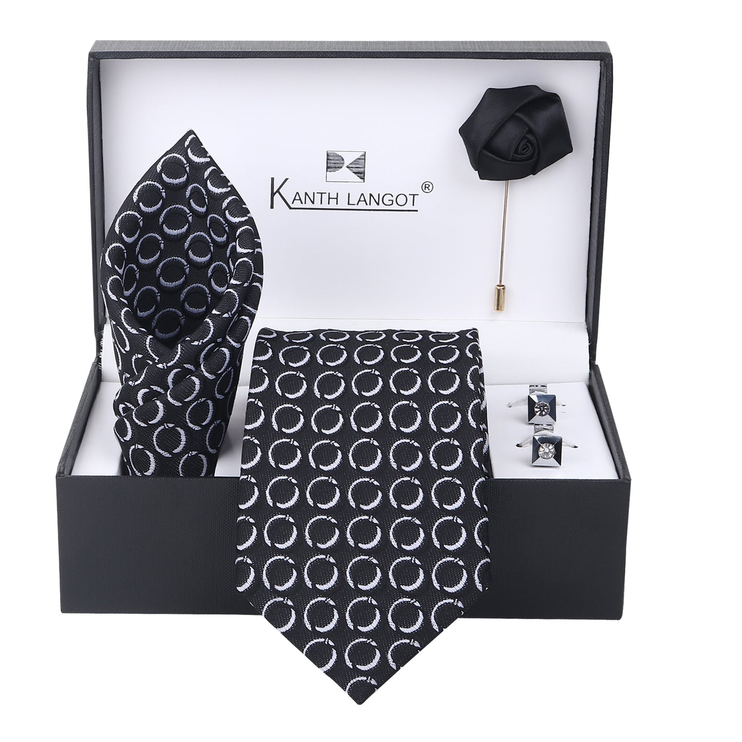 Kanthlangot Set of 4: Black & White Circle Tie with Pocket Square, Crystal Stud Cufflinks & Black Lapel Pin in Premium Gift Box