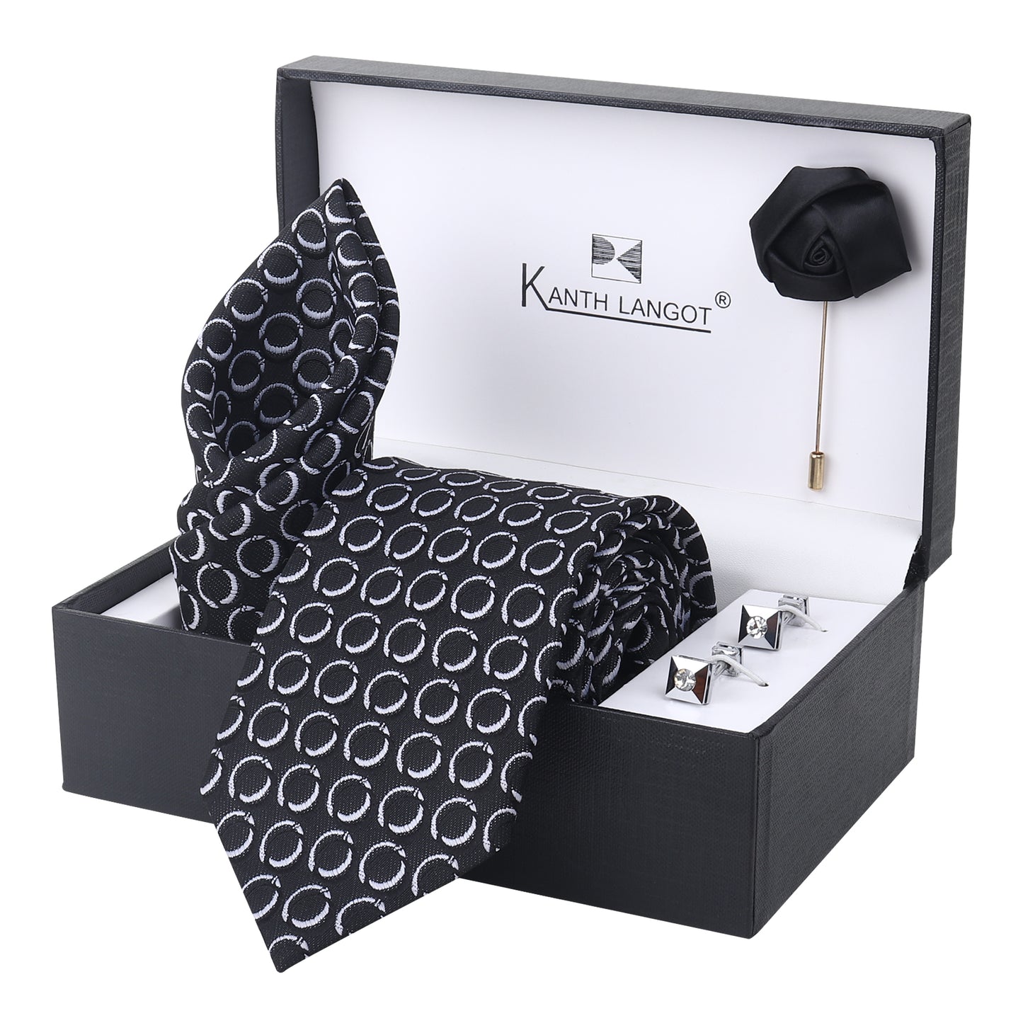 Kanthlangot Set of 4: Black & White Circle Tie with Pocket Square, Crystal Stud Cufflinks & Black Lapel Pin in Premium Gift Box