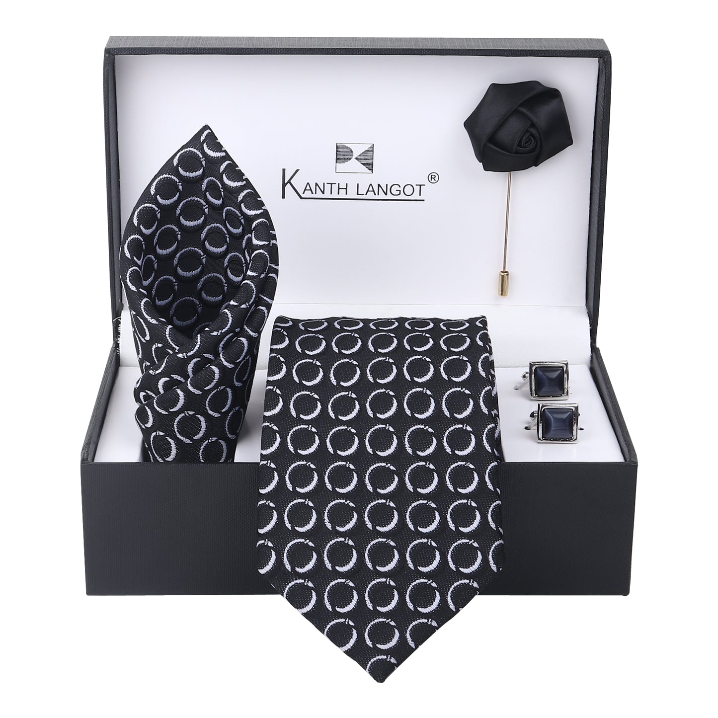 Kanthlangot Set of 4: Black Tie with White Circle Pattern, Pocket Square, Square Cufflinks & Lapel Pin in Gift Box