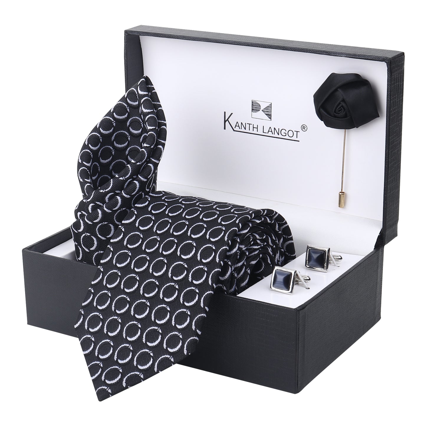 Kanthlangot Set of 4: Black Tie with White Circle Pattern, Pocket Square, Square Cufflinks & Lapel Pin in Gift Box