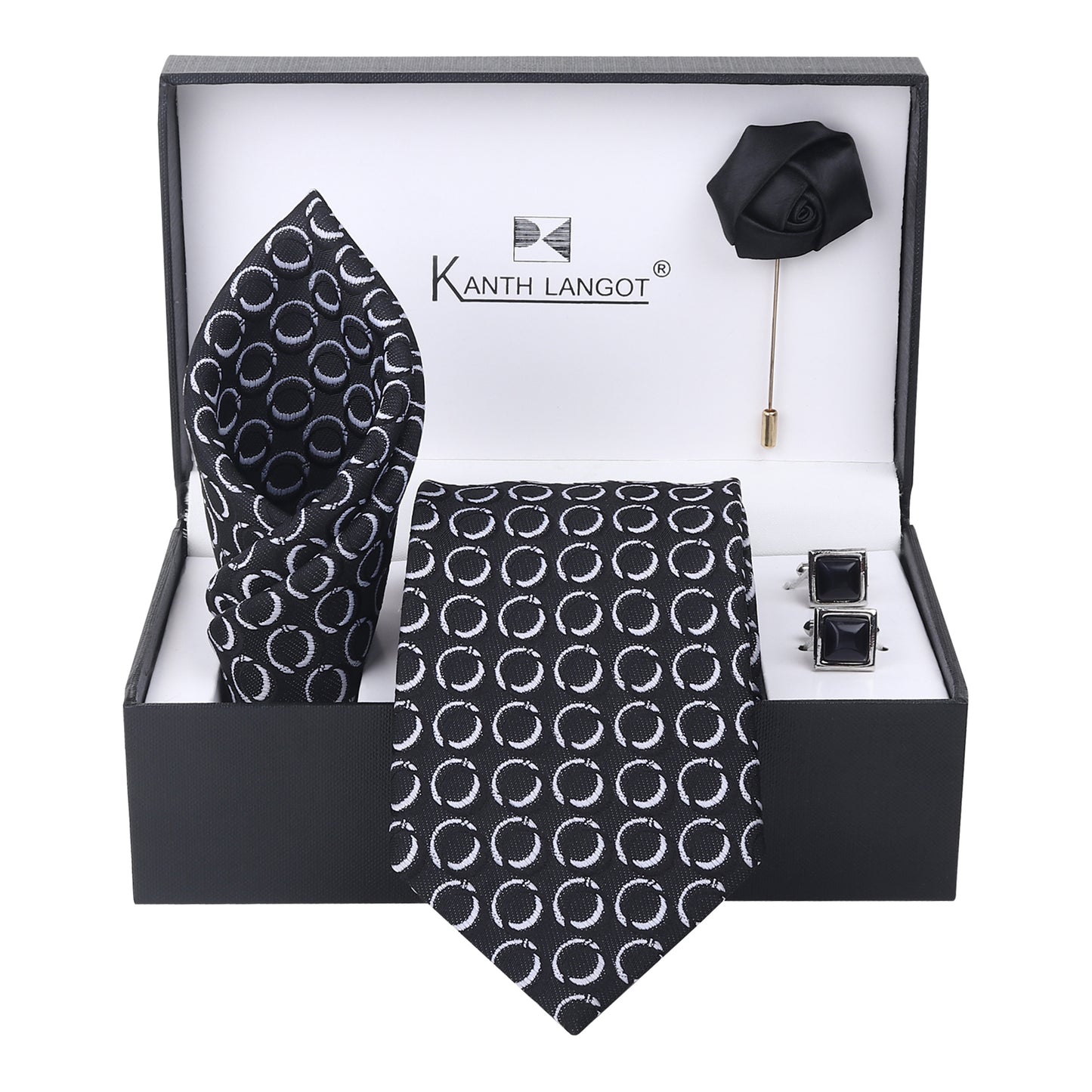 Kanthlangot Set of 4: Classic Black Circle Tie with Pocket Square, Black Cufflinks & Lapel Pin in Premium Gift Box