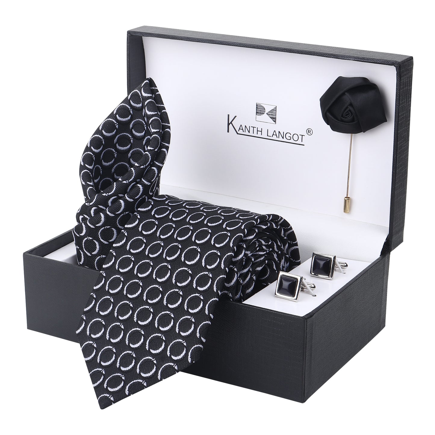 Kanthlangot Set of 4: Classic Black Circle Tie with Pocket Square, Black Cufflinks & Lapel Pin in Premium Gift Box