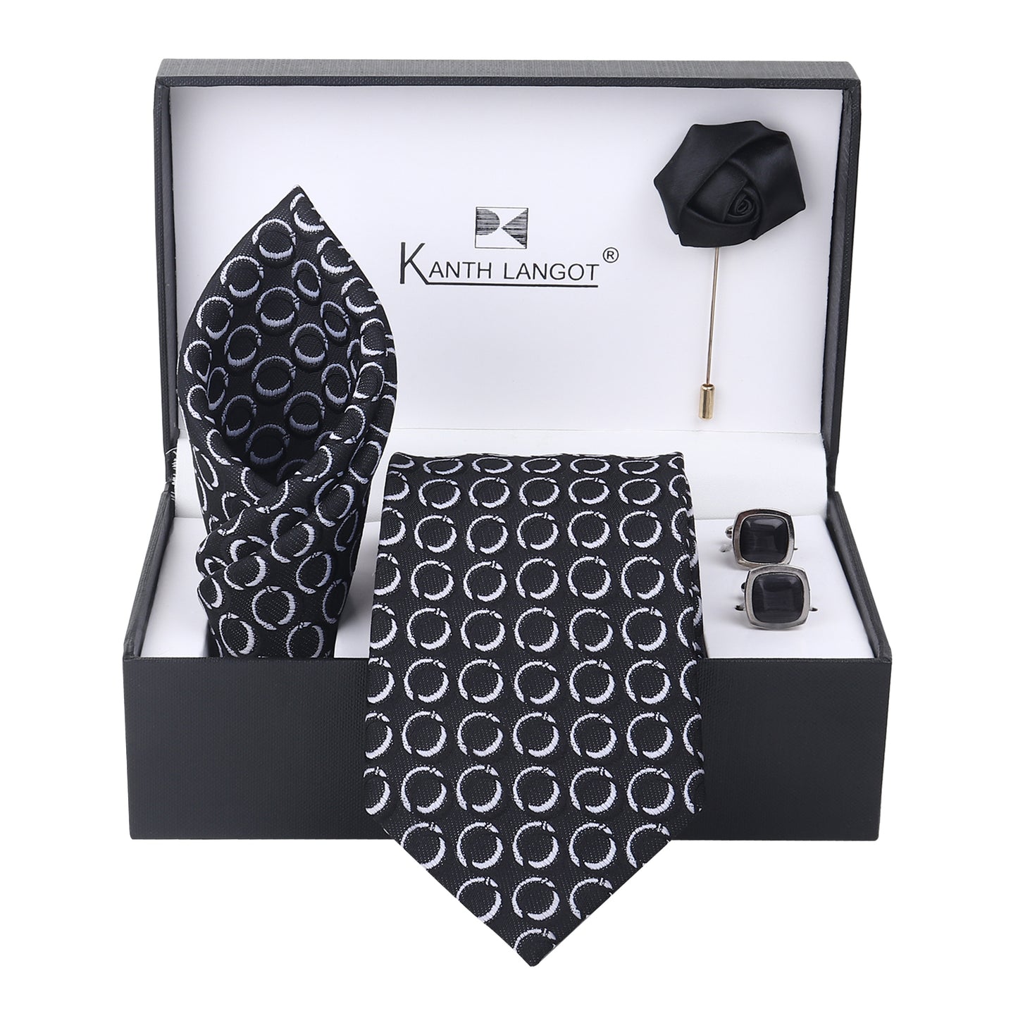 Kanthlangot Set of 4: Black Tie with White Rings, Pocket Square, Glossy Cufflinks & Lapel Pin in Gift Box