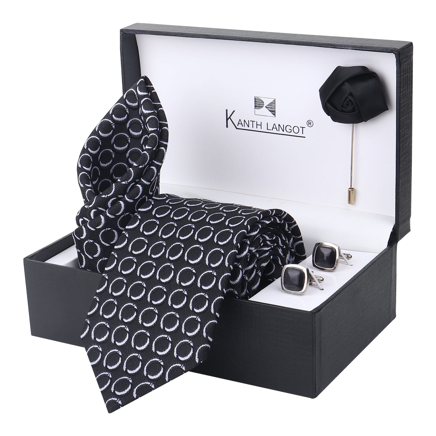 Kanthlangot Set of 4: Black Tie with White Rings, Pocket Square, Glossy Cufflinks & Lapel Pin in Gift Box