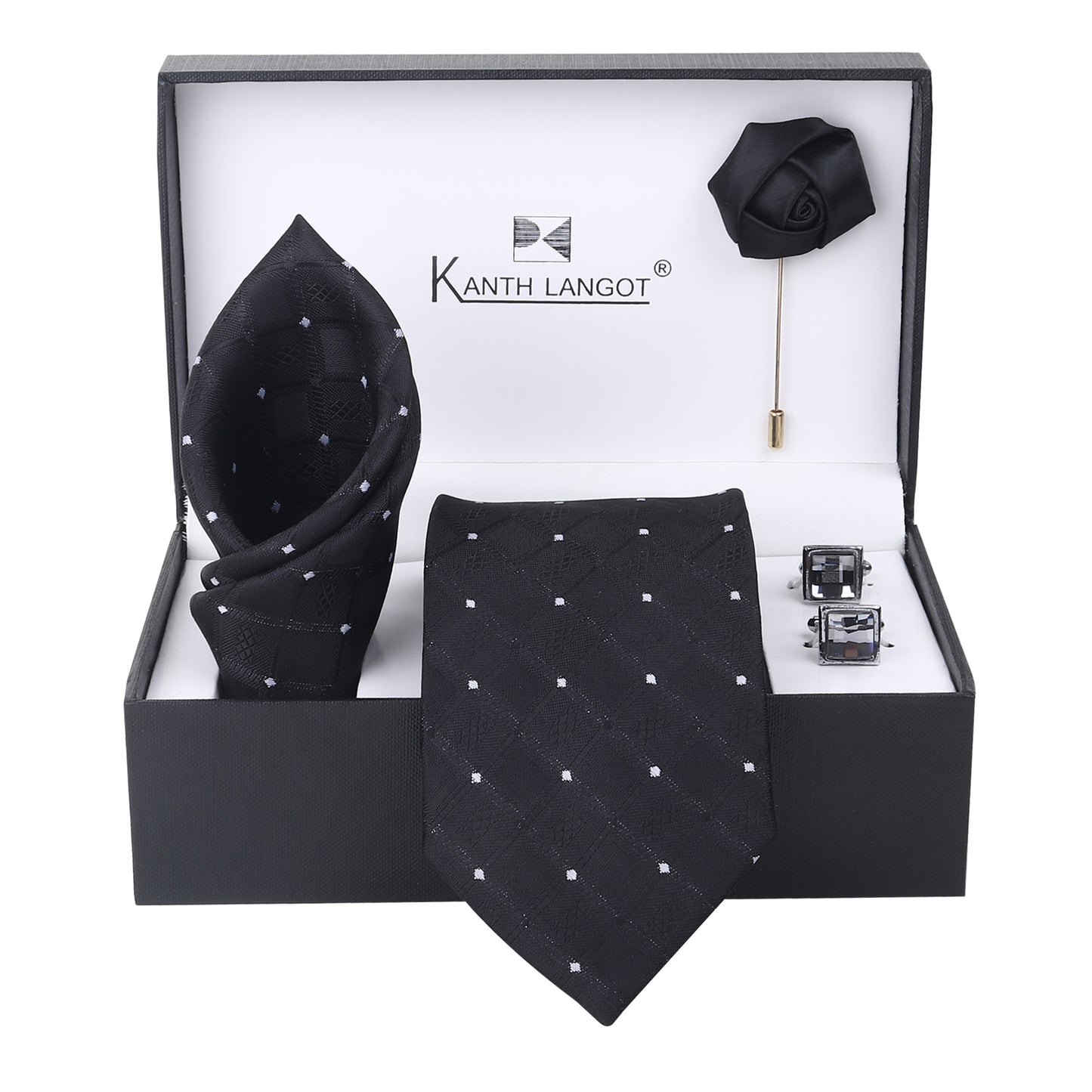 Kanthlangot Set of 4: Black Diamond Necktie, Pocket Square, Crystal Cufflinks & Black Lapel Pin in Gift Box