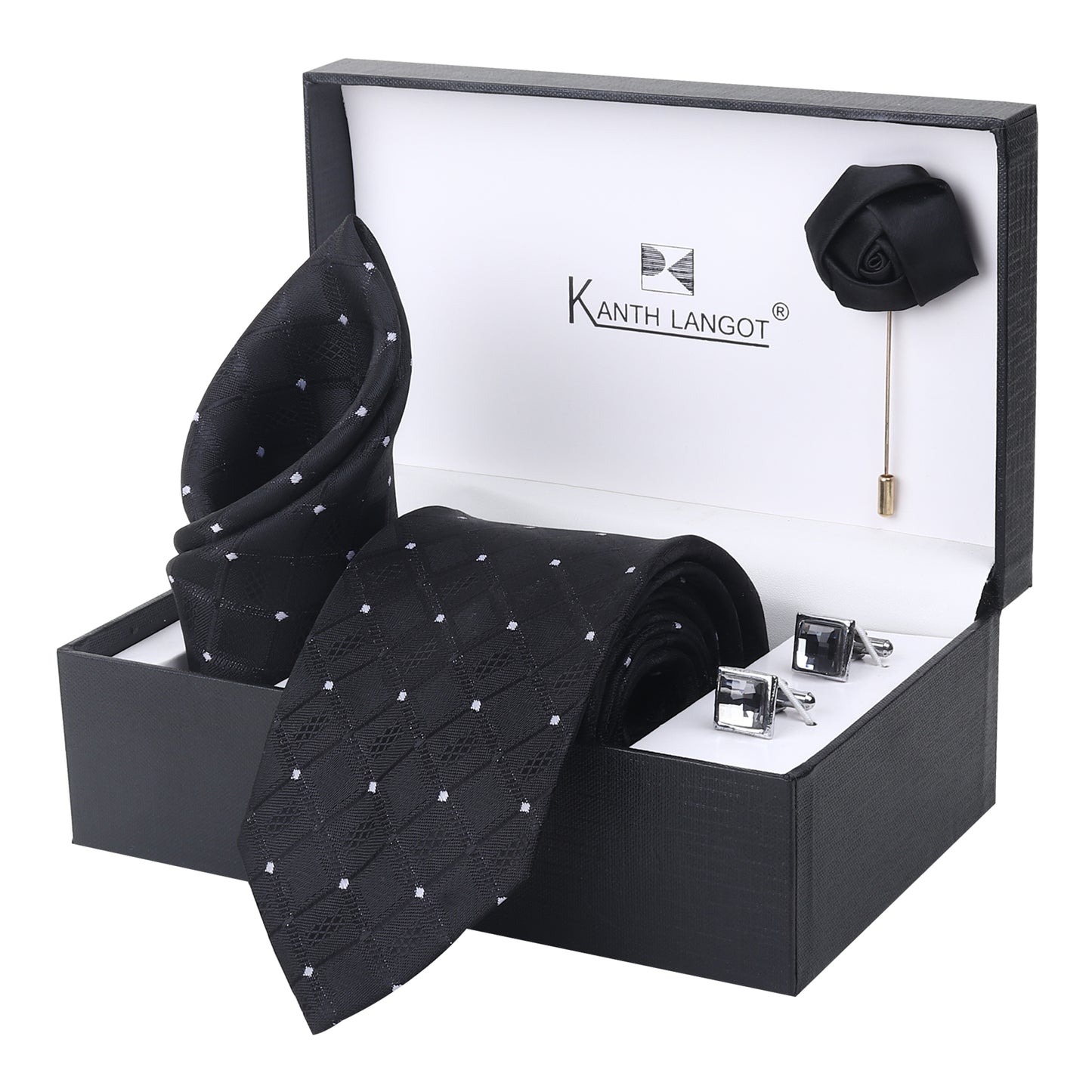 Kanthlangot Set of 4: Black Diamond Necktie, Pocket Square, Crystal Cufflinks & Black Lapel Pin in Gift Box