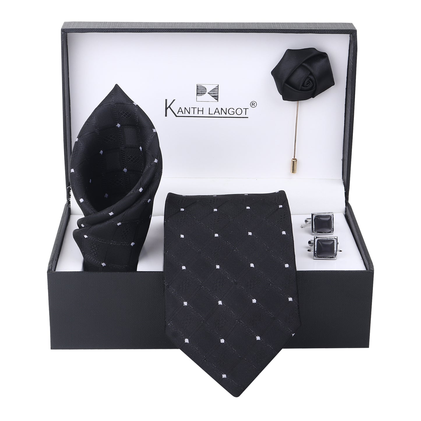 Kanthlangot Set of 4: Black Textured Necktie, Pocket Square, Smoky Cufflinks & Black Lapel Pin in Gift Box