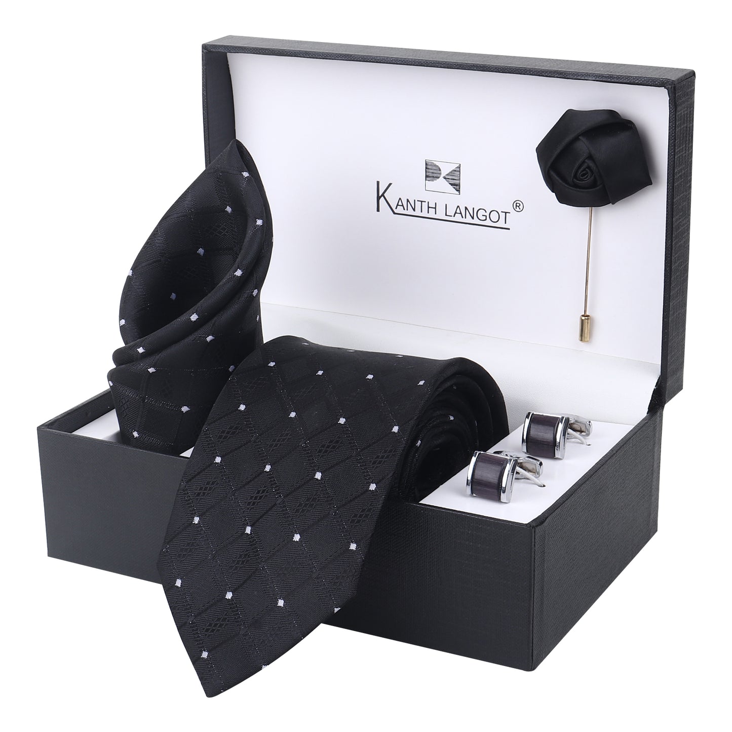 Kanthlangot Set of 4: Black Diamond Texture Necktie, Pocket Square, Glossy Cufflinks & Lapel Pin in Gift Box
