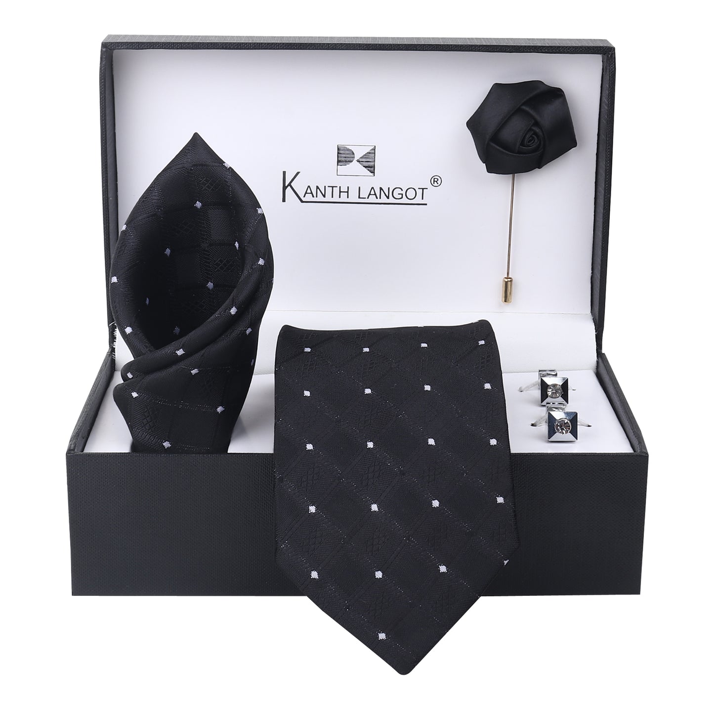 Kanthlangot Set of 4: Black Diamond Necktie, Pocket Square, Crystal Cufflinks & Lapel Pin in Premium Gift Box