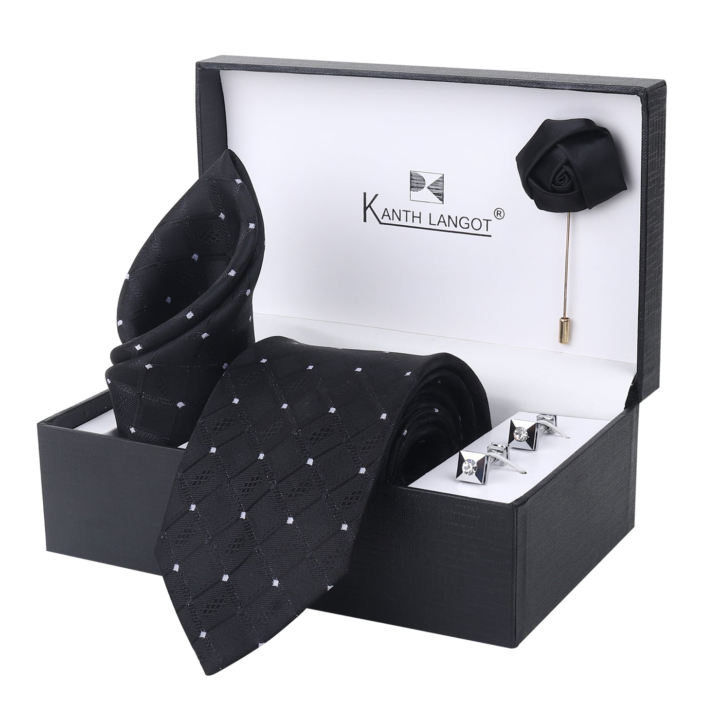 Kanthlangot Set of 4: Black Diamond Necktie, Pocket Square, Crystal Cufflinks & Lapel Pin in Premium Gift Box