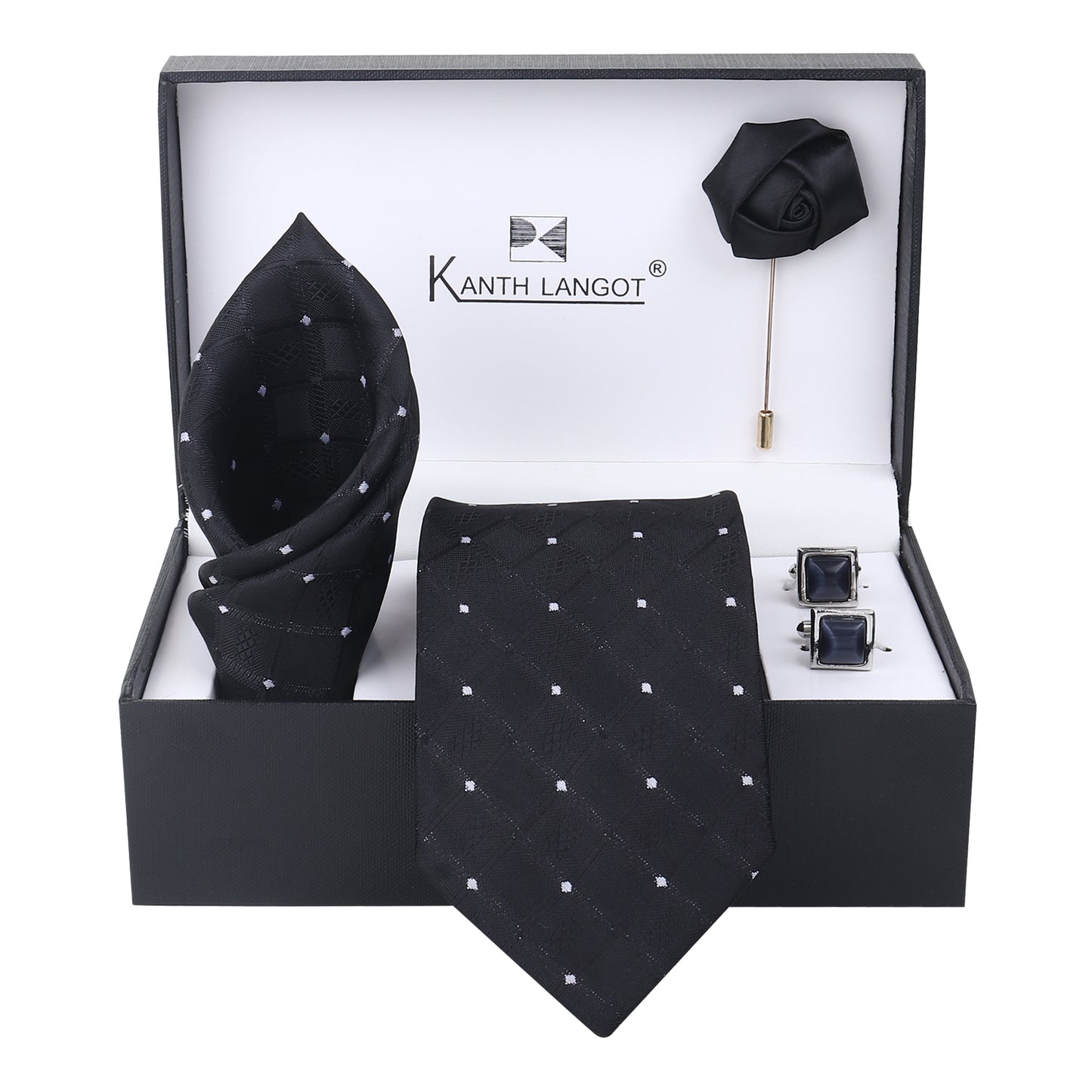 Kanthlangot Set of 4: Black Diamond-Pattern Necktie, Pocket Square, Blue Cufflinks & Lapel Pin in Premium Gift Box
