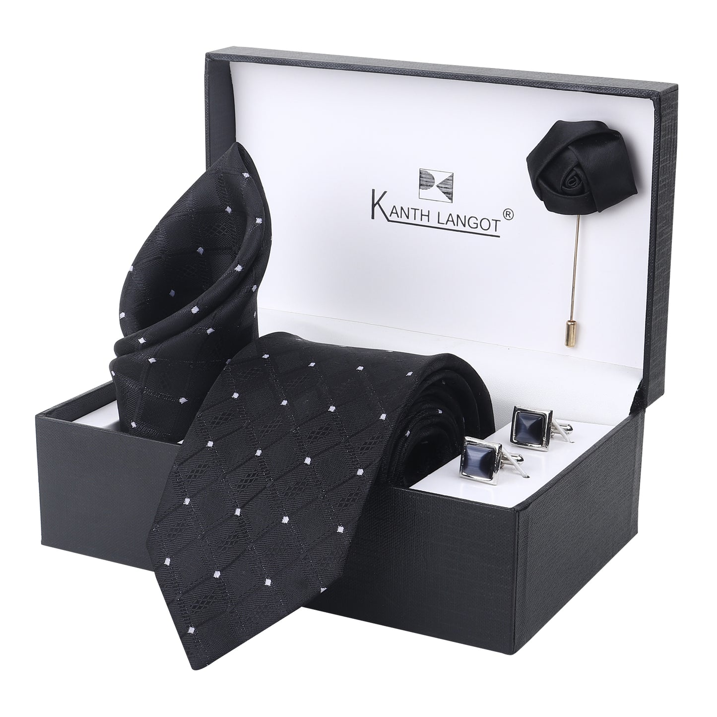 Kanthlangot Set of 4: Black Diamond-Pattern Necktie, Pocket Square, Blue Cufflinks & Lapel Pin in Premium Gift Box