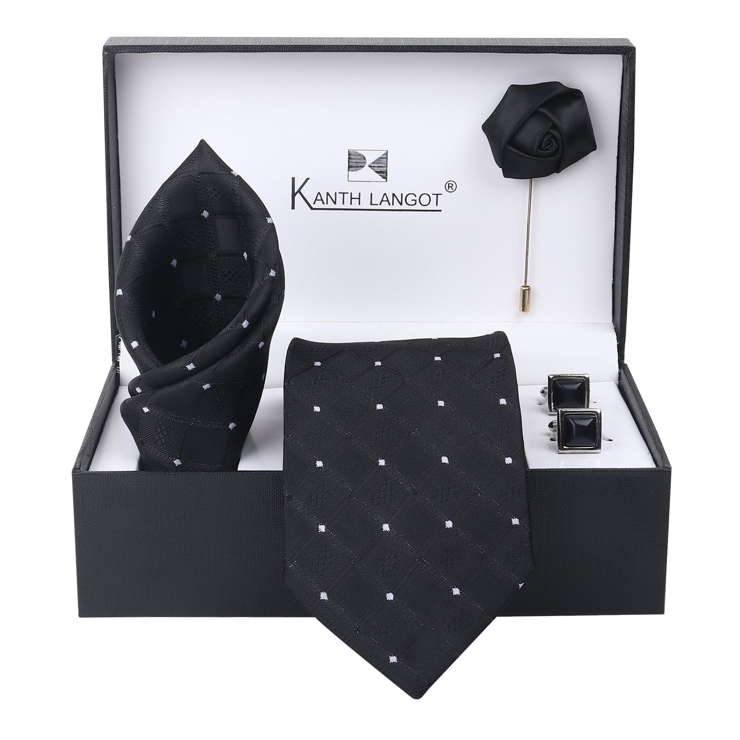 Kanthlangot Set of 4: Black Diamond-Pattern Tie, Pocket Square, Jet Black Square Cufflinks & Lapel Pin in Gift Box