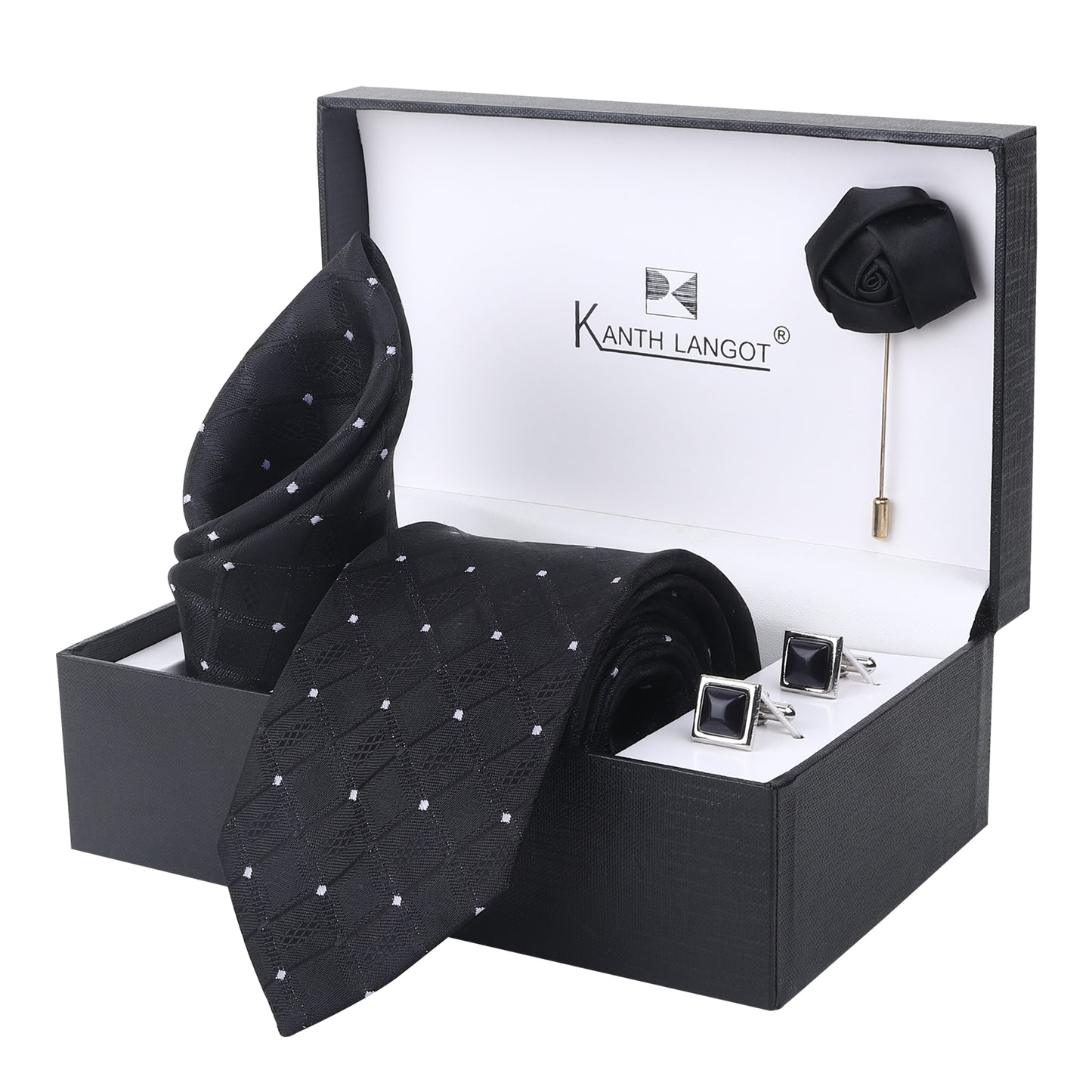 Kanthlangot Set of 4: Black Diamond-Pattern Tie, Pocket Square, Jet Black Square Cufflinks & Lapel Pin in Gift Box