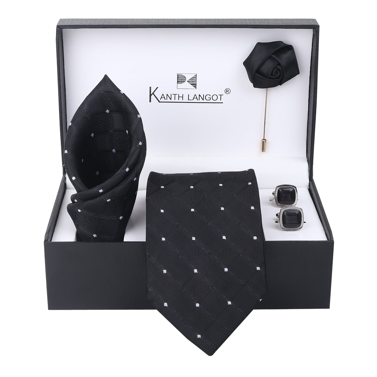 Kanthlangot Set of 4: Black Diamond-Check Tie, Pocket Square, Gloss Black Cufflinks & Lapel Pin in Gift Box