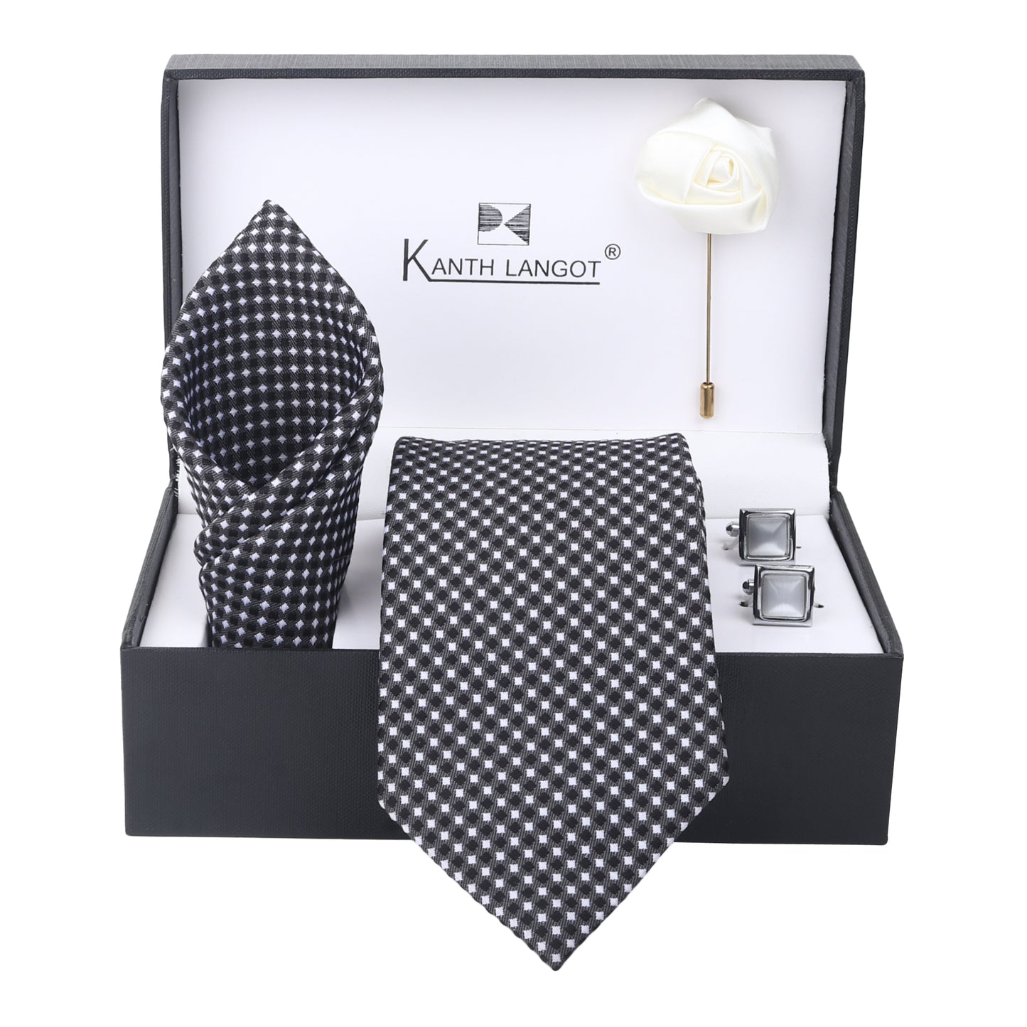 Kanthlangot Set of 4: Black & White Micro-Diamond Tie, Pocket Square, Silver Cufflinks & White Lapel Pin in Gift Box