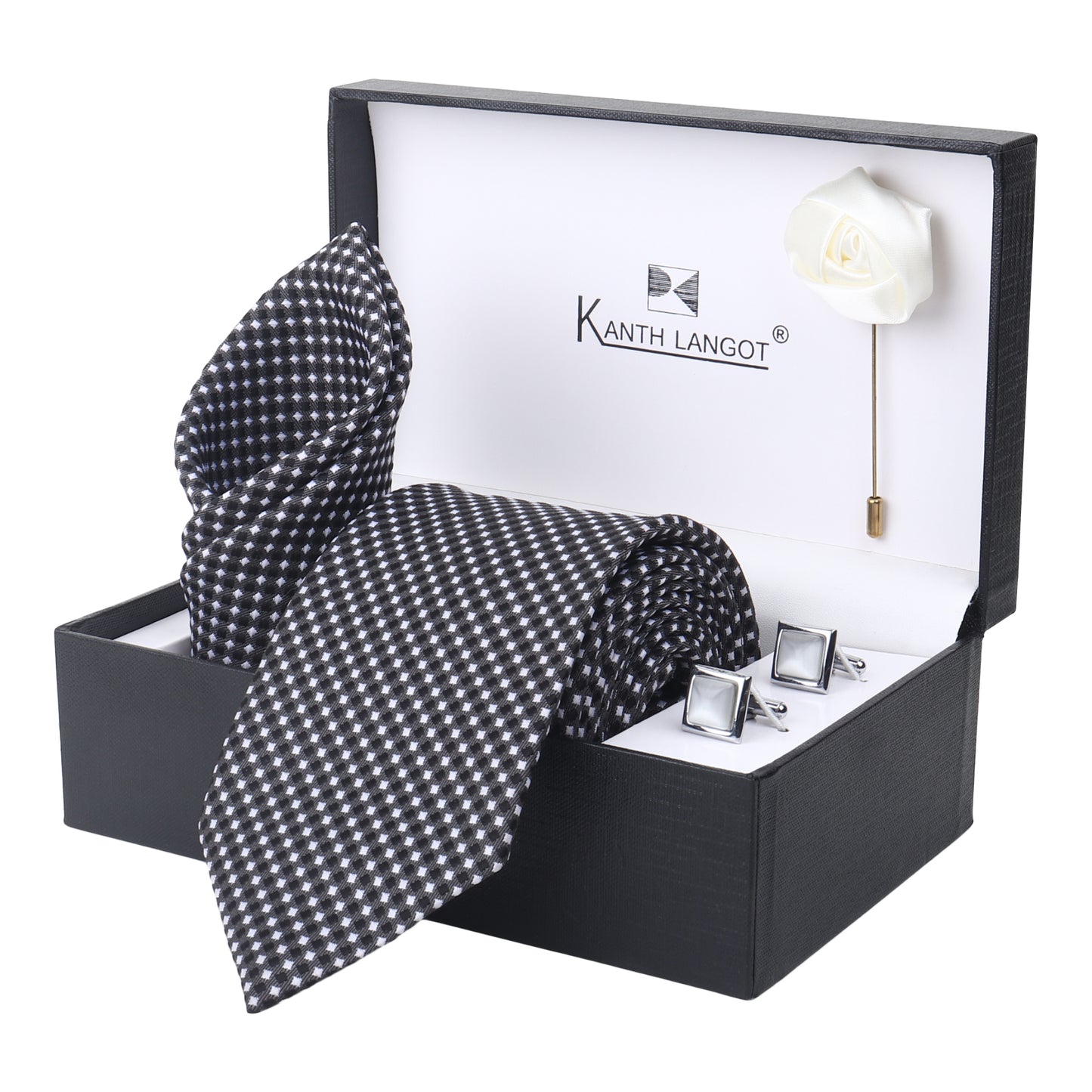 Kanthlangot Set of 4: Black & White Micro-Diamond Tie, Pocket Square, Silver Cufflinks & White Lapel Pin in Gift Box