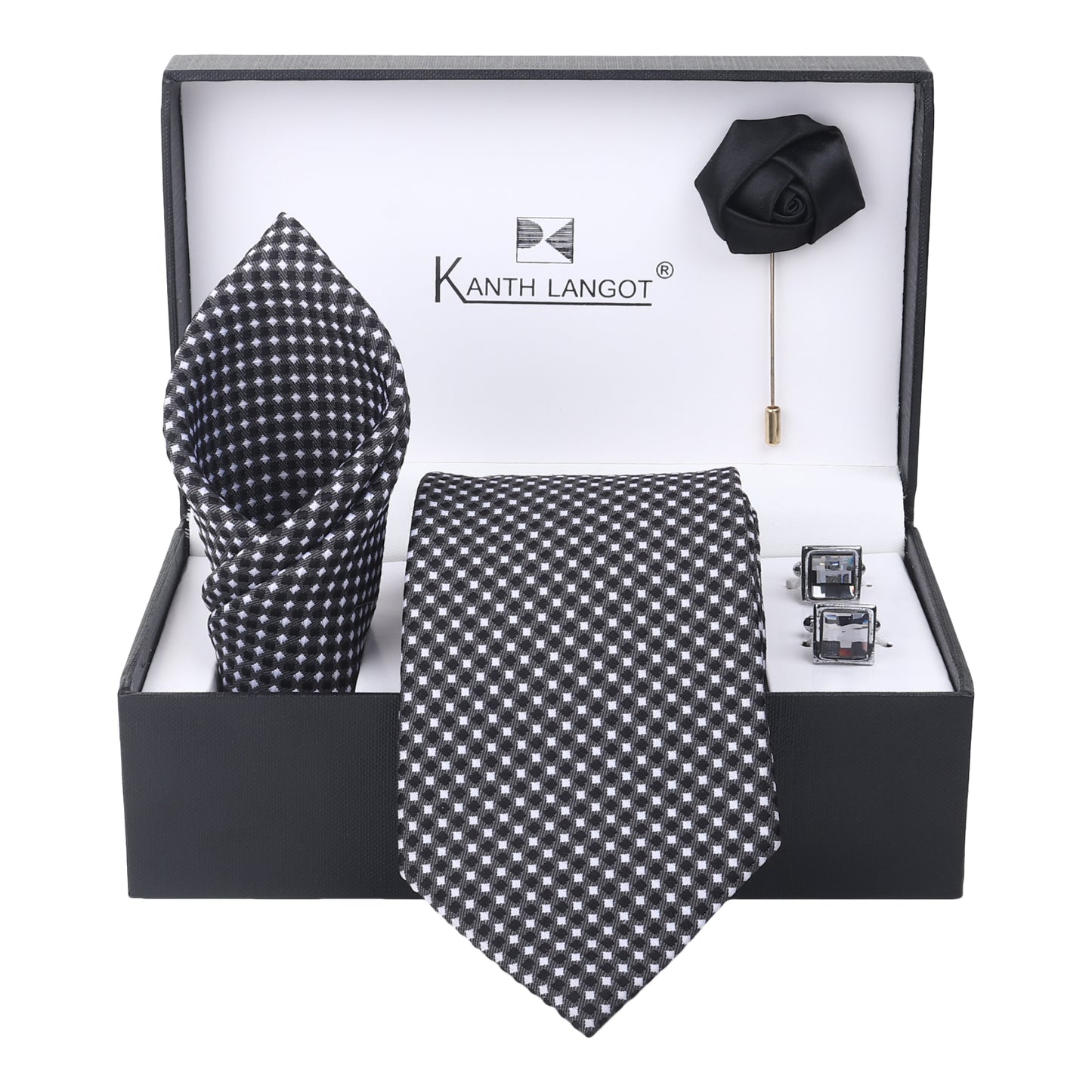 Kanthlangot Set of 4: Black & White Geometric Tie, Pocket Square, Black Cufflinks & Rose Lapel Pin in Gift Box