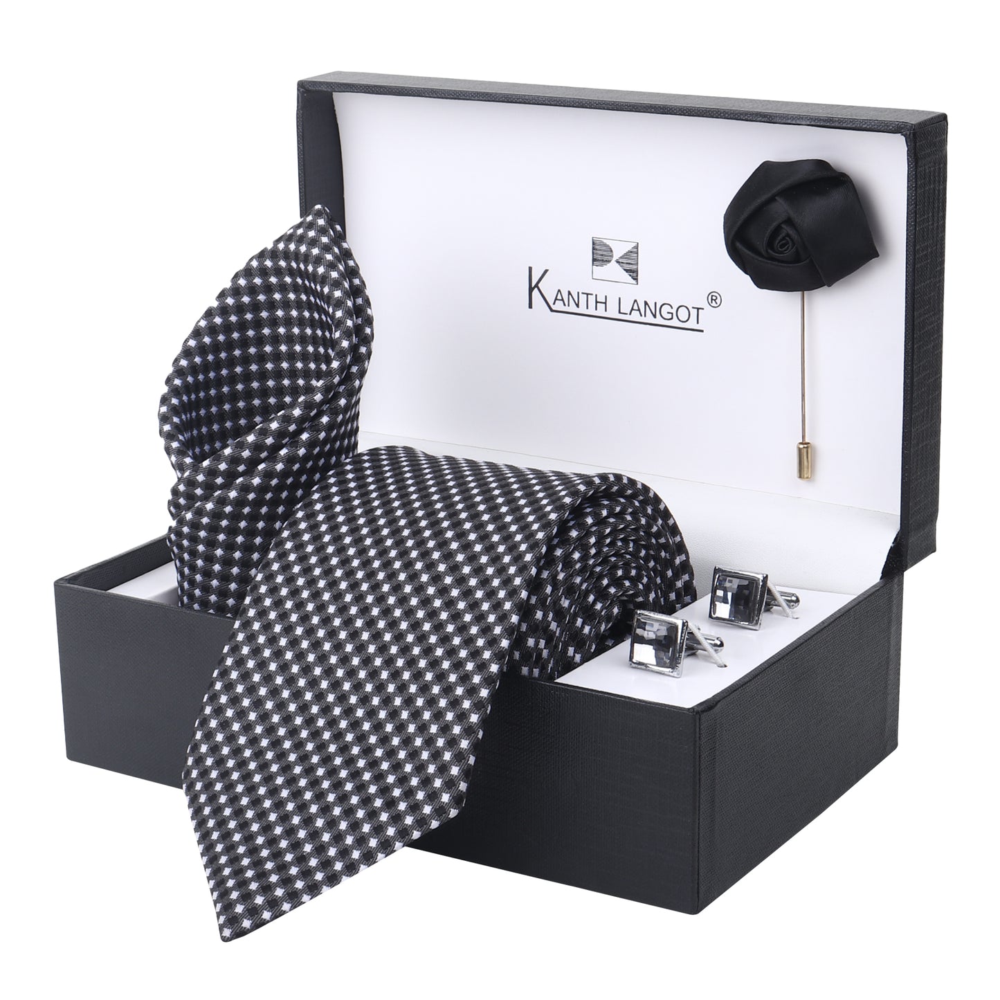 Kanthlangot Set of 4: Black & White Geometric Tie, Pocket Square, Black Cufflinks & Rose Lapel Pin in Gift Box