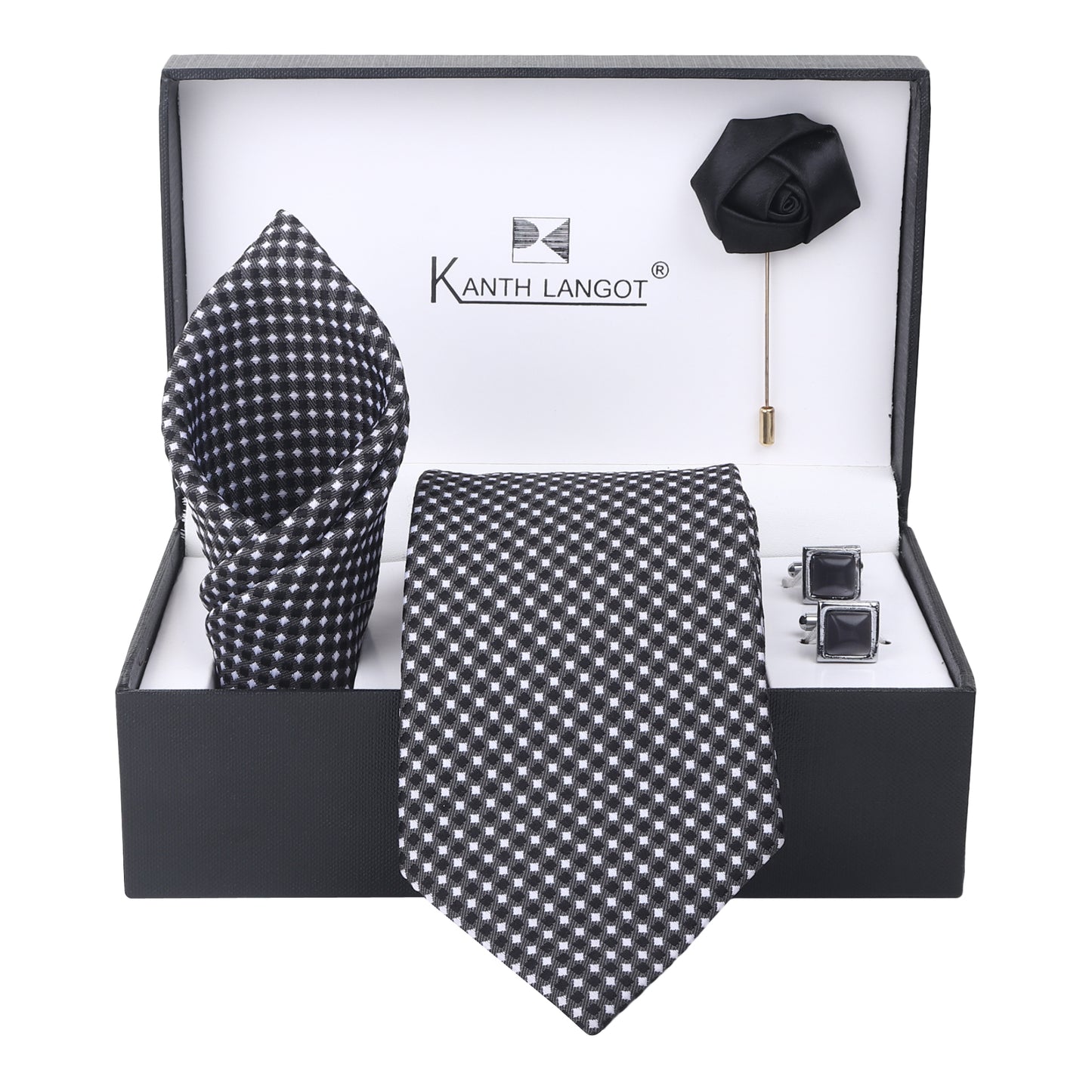 Kanthlangot Set of 4: Black & White Check Tie, Pocket Square, Black Cufflinks & Lapel Pin in Gift Box