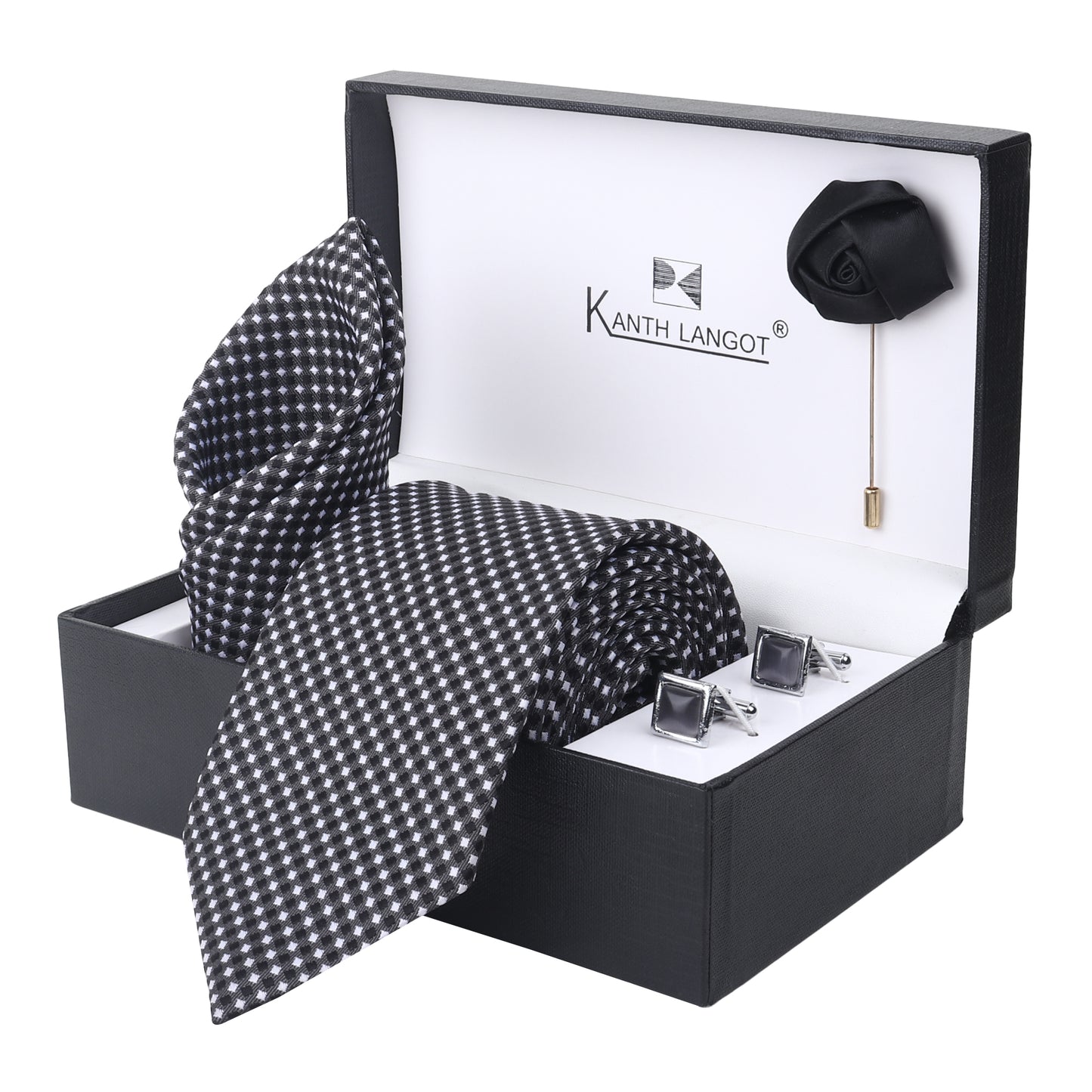 Kanthlangot Set of 4: Black & White Check Tie, Pocket Square, Black Cufflinks & Lapel Pin in Gift Box