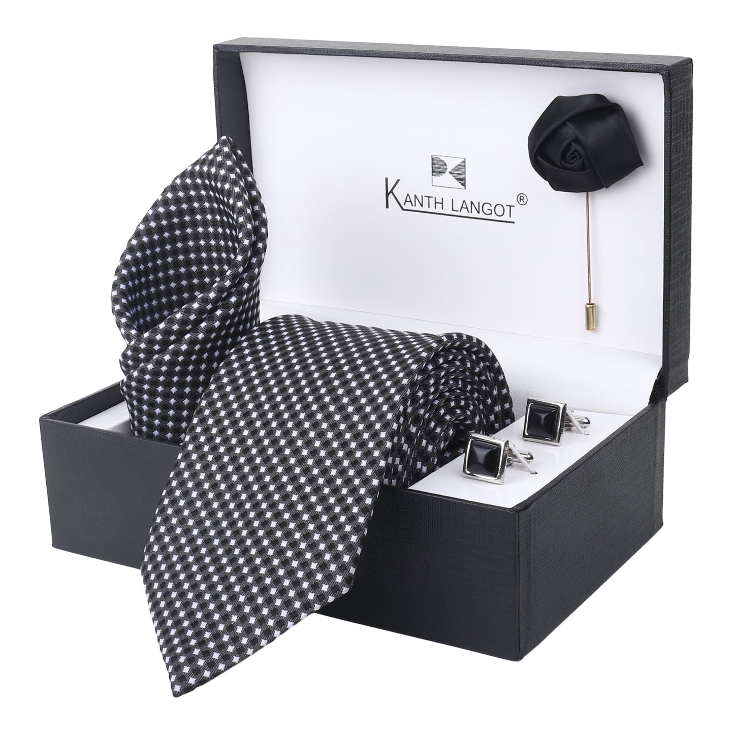 Kanthlangot Set of 4: Black Illusion Check Tie, Pocket Square, Black Square Cufflinks & Lapel Rose