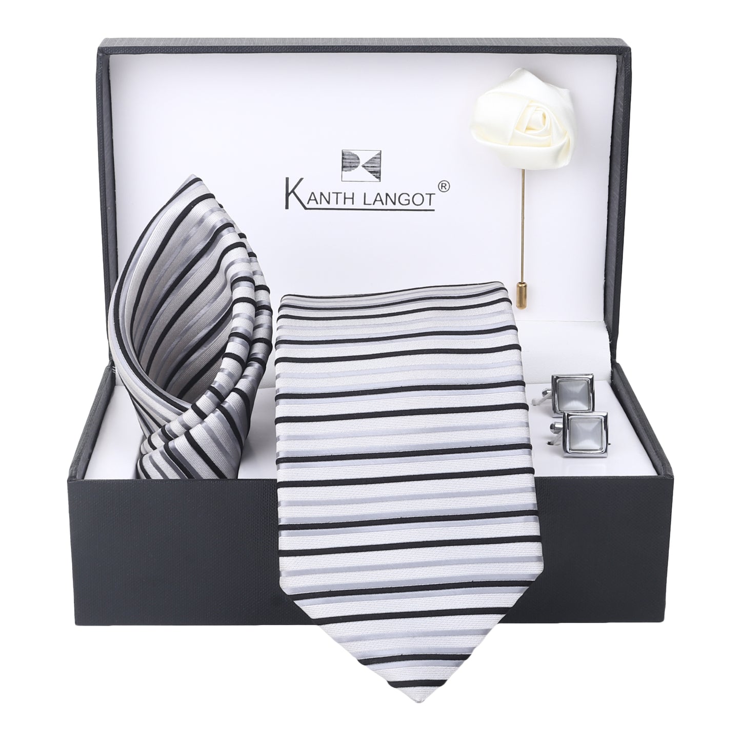 Kanthlangot Set of 4: Silver Stripe Tie, Pocket Square, Silver Cufflinks & White Lapel Rose