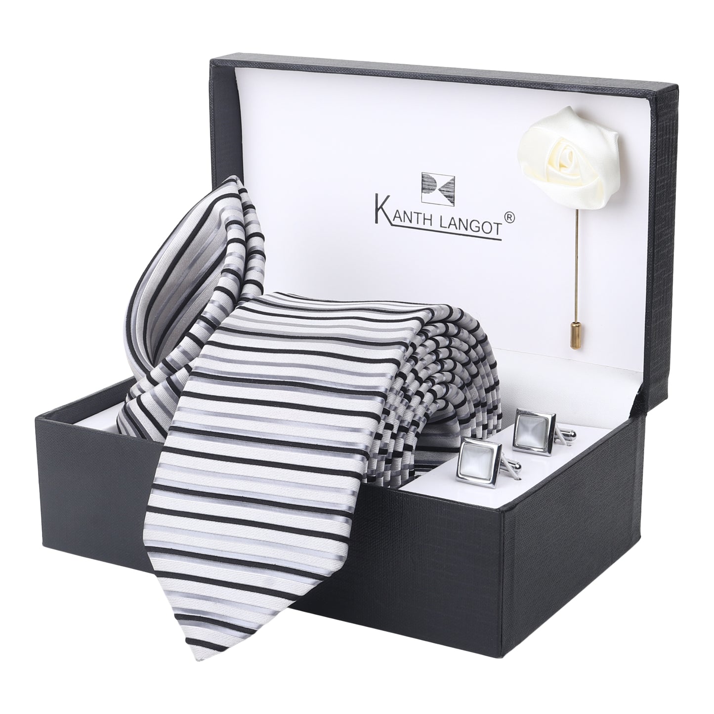 Kanthlangot Set of 4: Silver Stripe Tie, Pocket Square, Silver Cufflinks & White Lapel Rose
