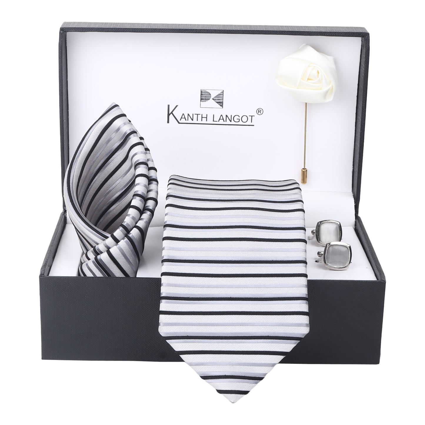Kanthlangot Set of 4: White-Grey Striped Tie, Pocket Square, Silver Cufflinks & White Lapel Pin